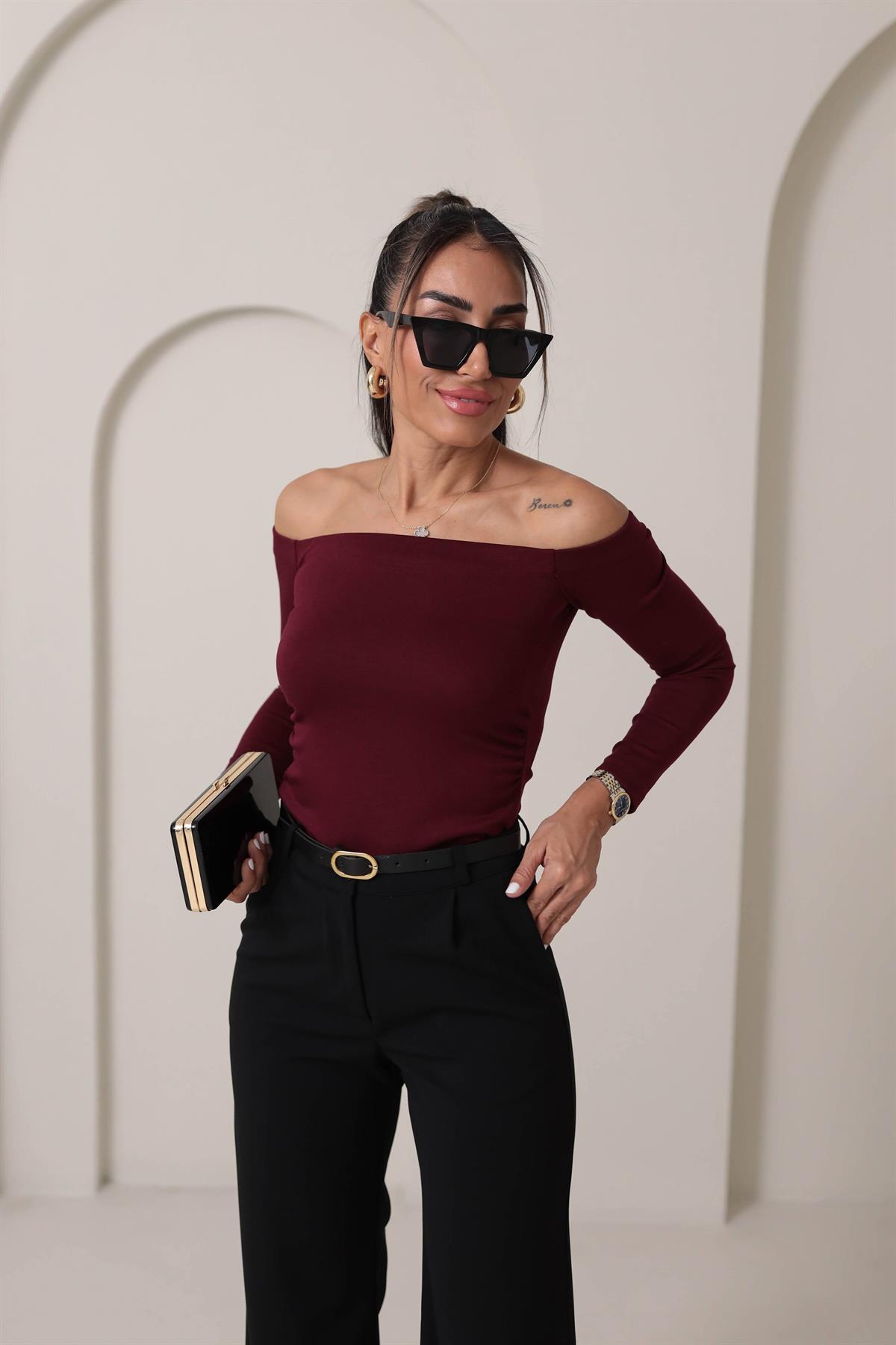 0127 Omuz Dekolteli Dokulu Bluz BORDO