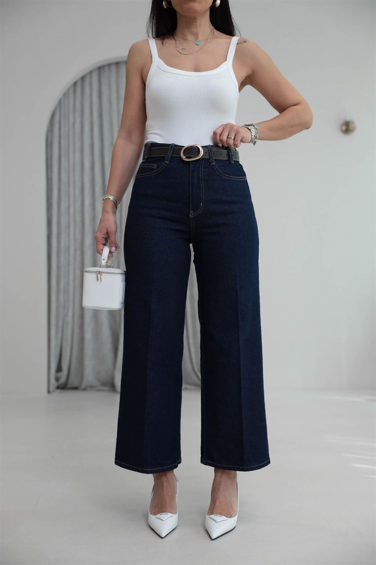 Kemerli Yüksek Bel Culotte Jean LACİVERT