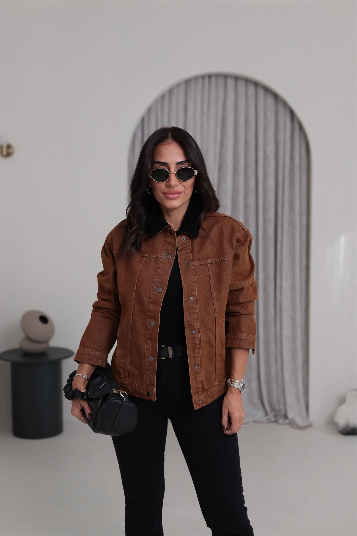 5561 Siyah Kadife Yaka Kot Ceket TABA