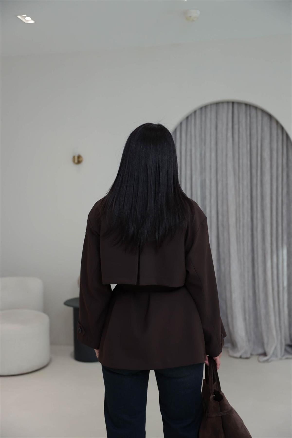 Apoletli Tasarım Astarlı Premium Kısa Trençkot KAHVE