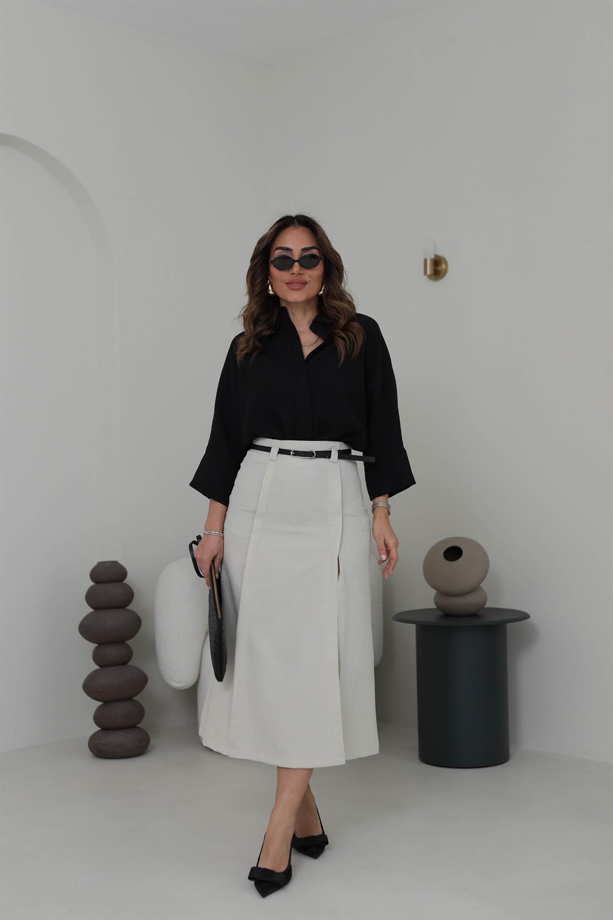 0268 Yırtmaç Detaylı Kemerli Midi Boy Etek TAŞ