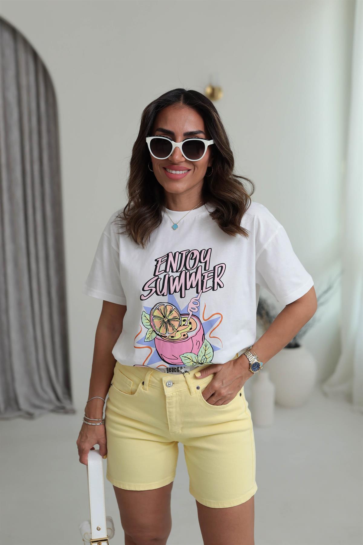 0498 Yazı Ve Baskı Detaylı Pamuklu Tshirt EKRU