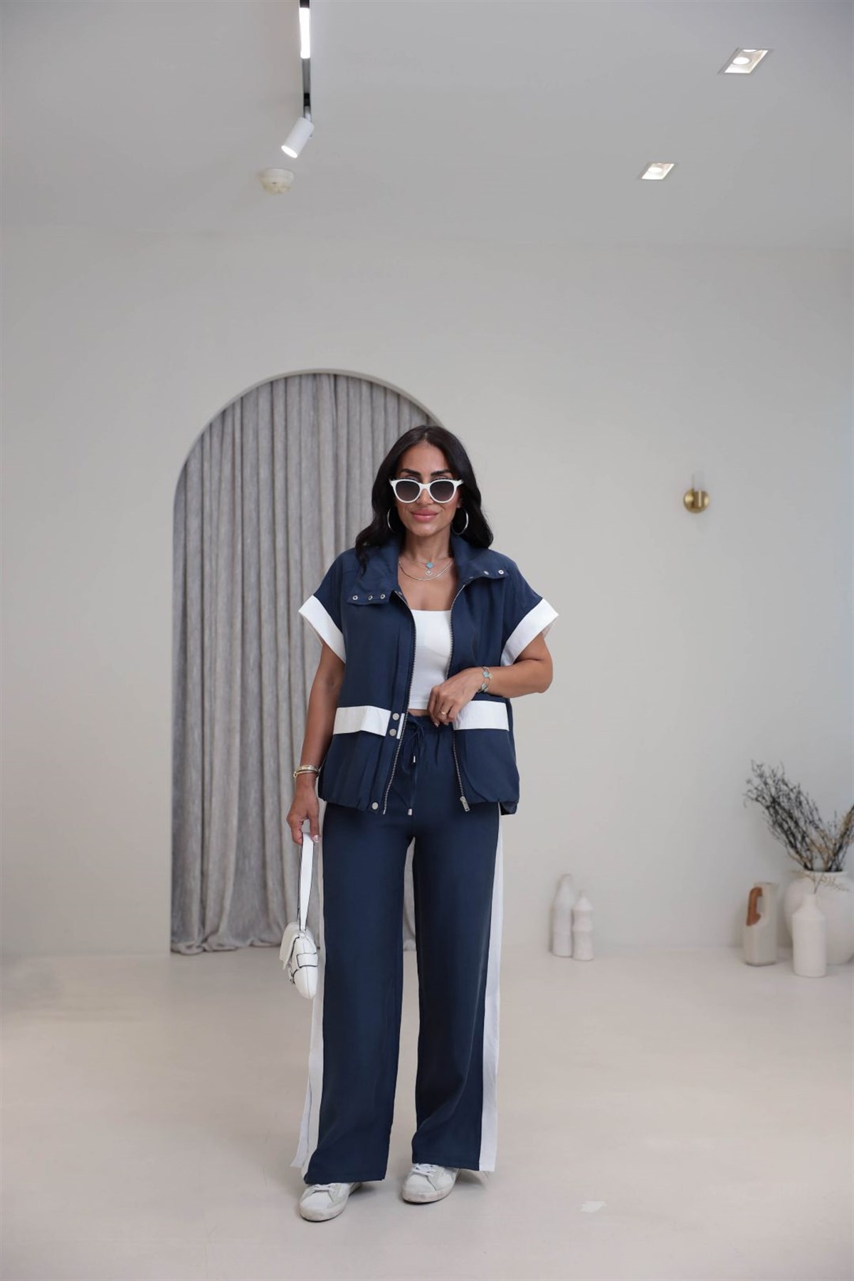 7519 Garni Detaylı Tencel Kumaş Takım LACİVERT