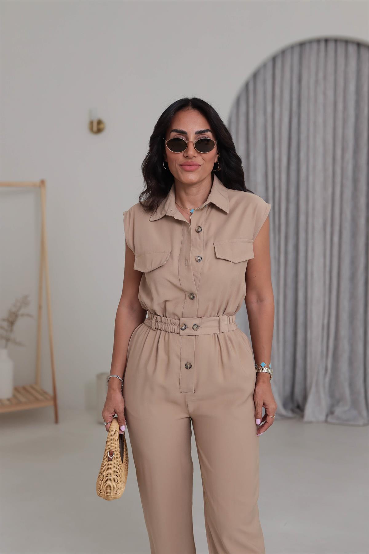 0107 Polo Yaka Kemerli Tencel Tulum CAMEL