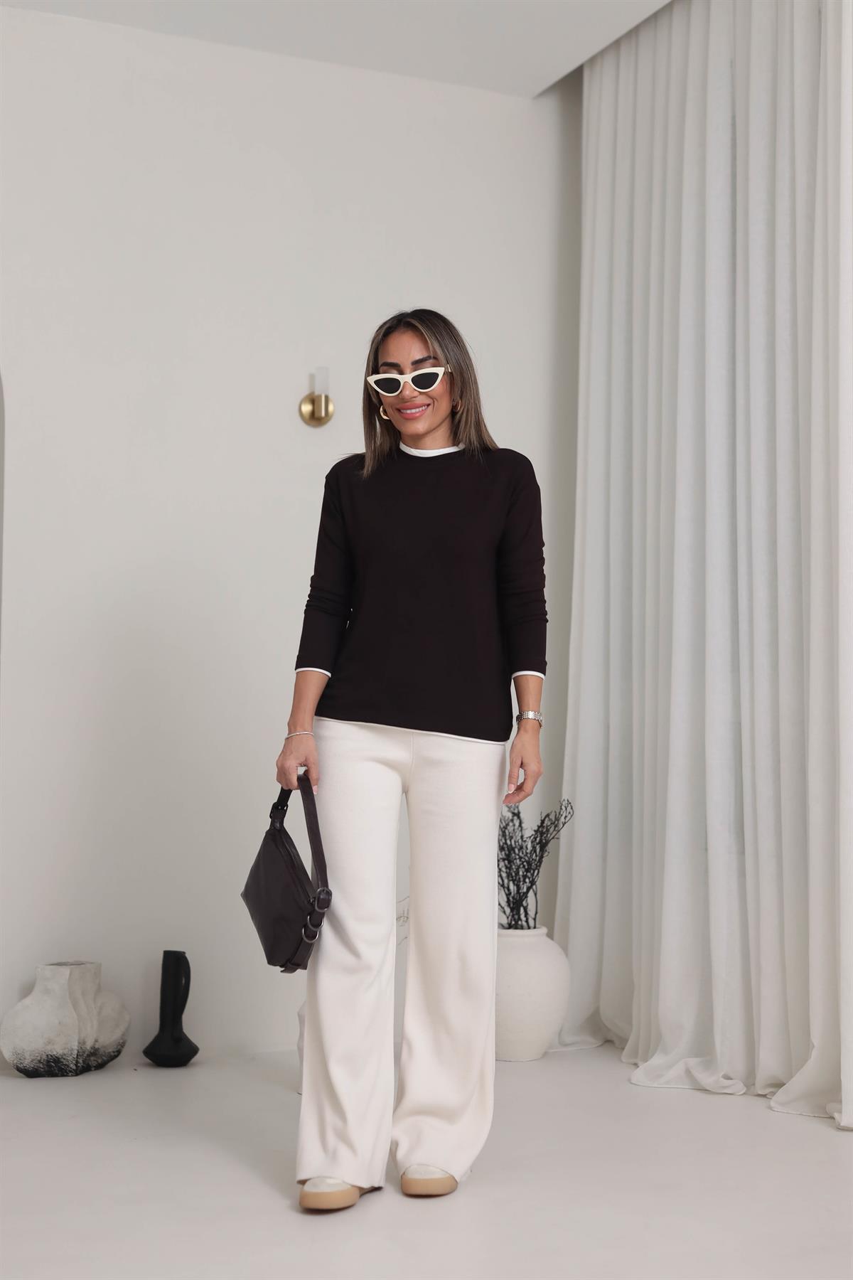 1145 Çift Yakalı Modal Bluz ACI KAHVE