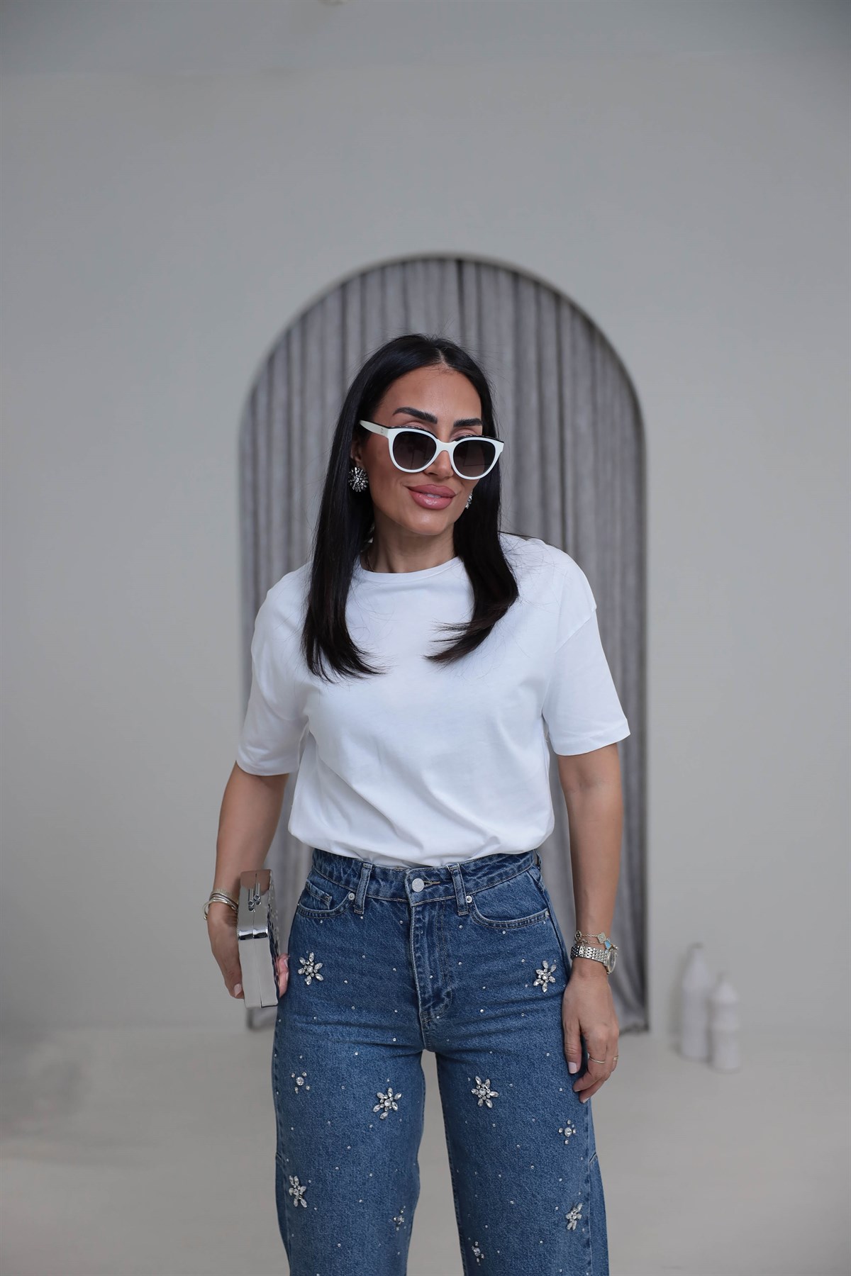 3683Y Bisiklet Yaka Pamuklu Basic Tshirt BEYAZ