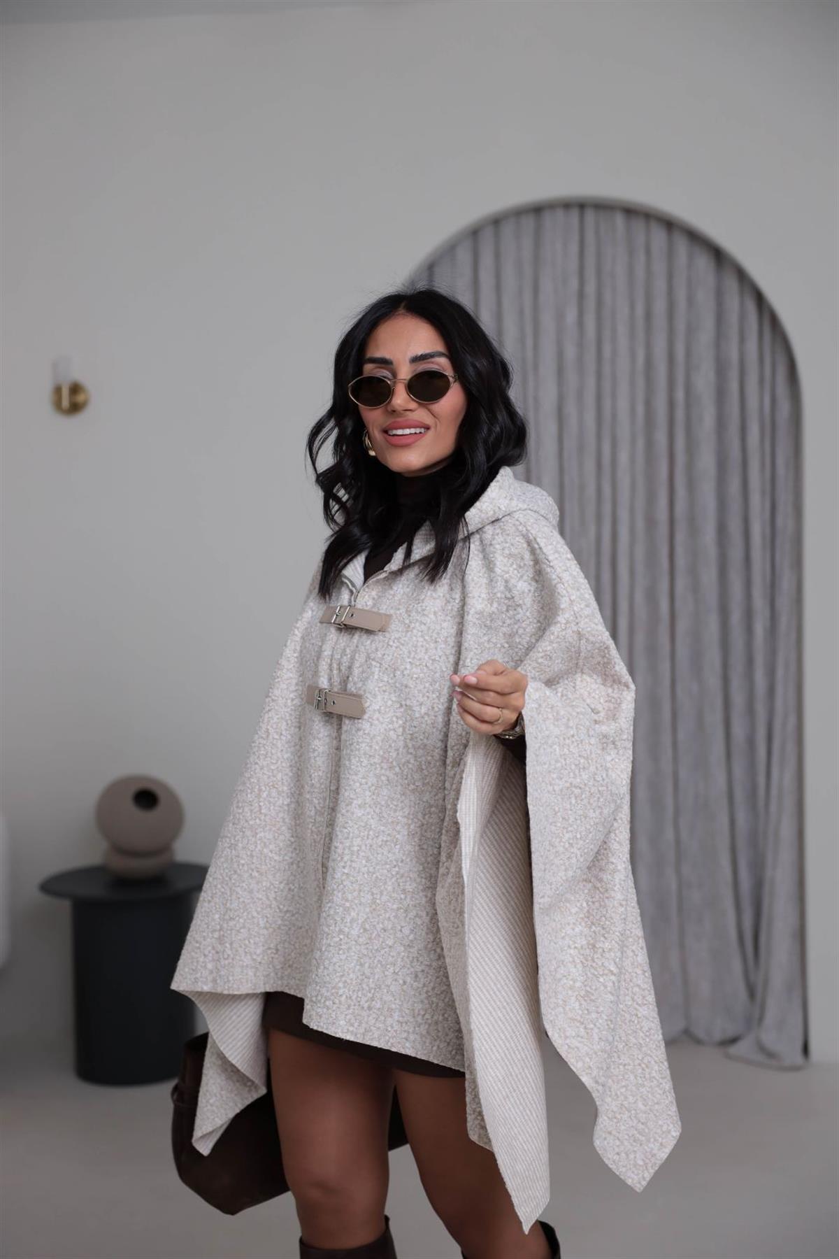 9175 Kemer Detay Kapşonlu Buklet Panço TAŞ