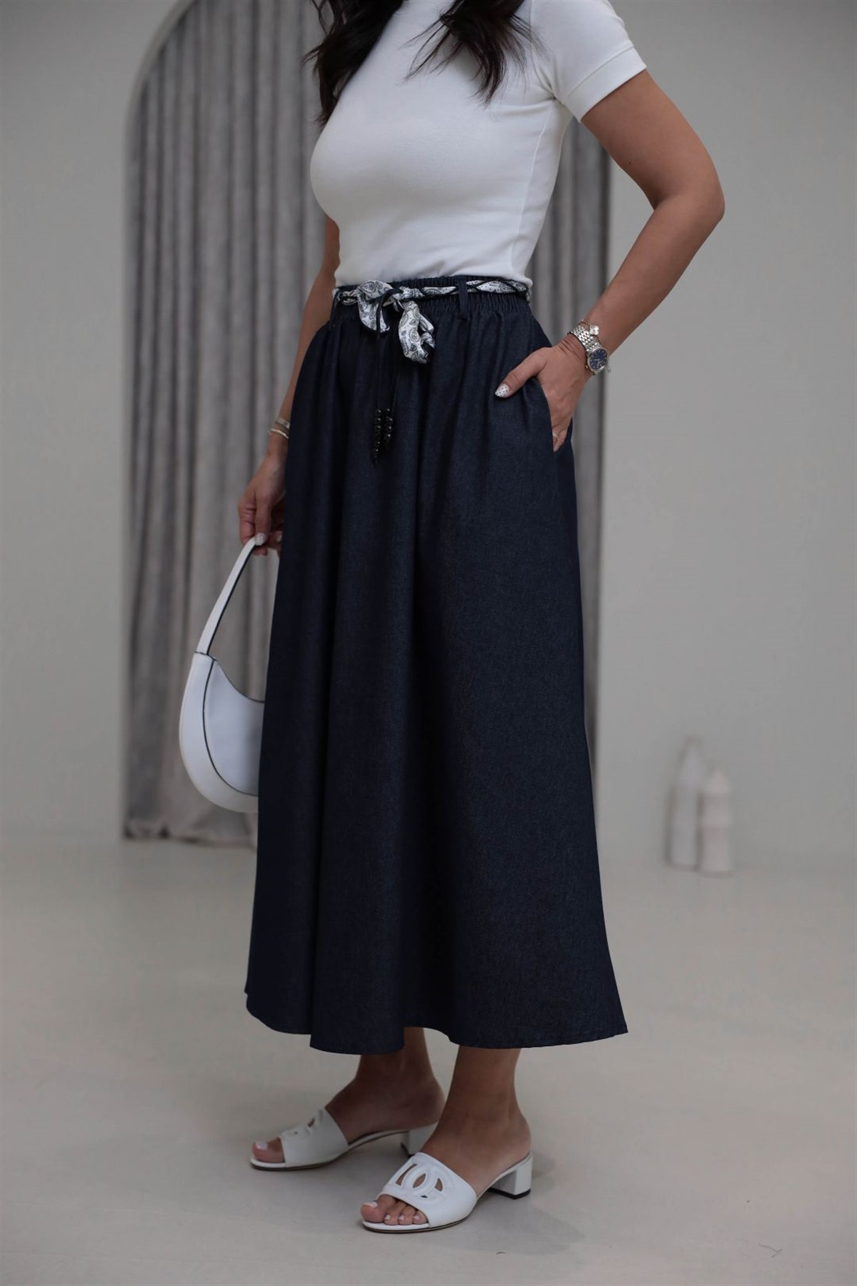 1813 Fular Kemerli Denim Kloş Etek LACİVERT