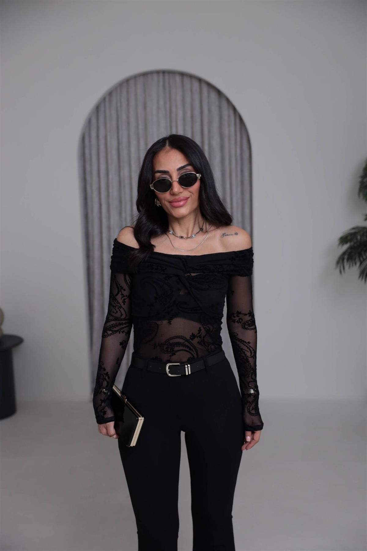 3227 Kadife Baskılı Omuz Detay Bluz SİYAH