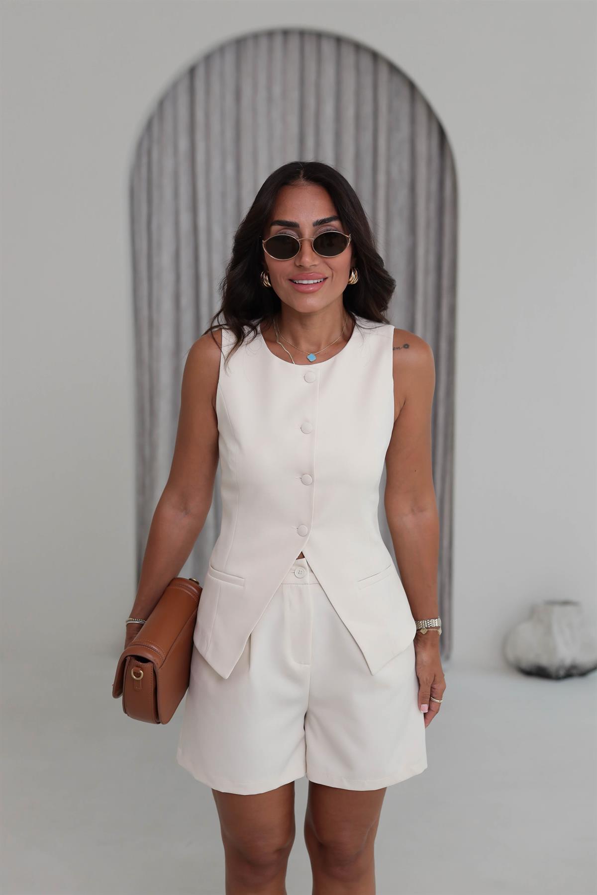 0264 Double Kumaş Yelek Şort Takım TAŞ