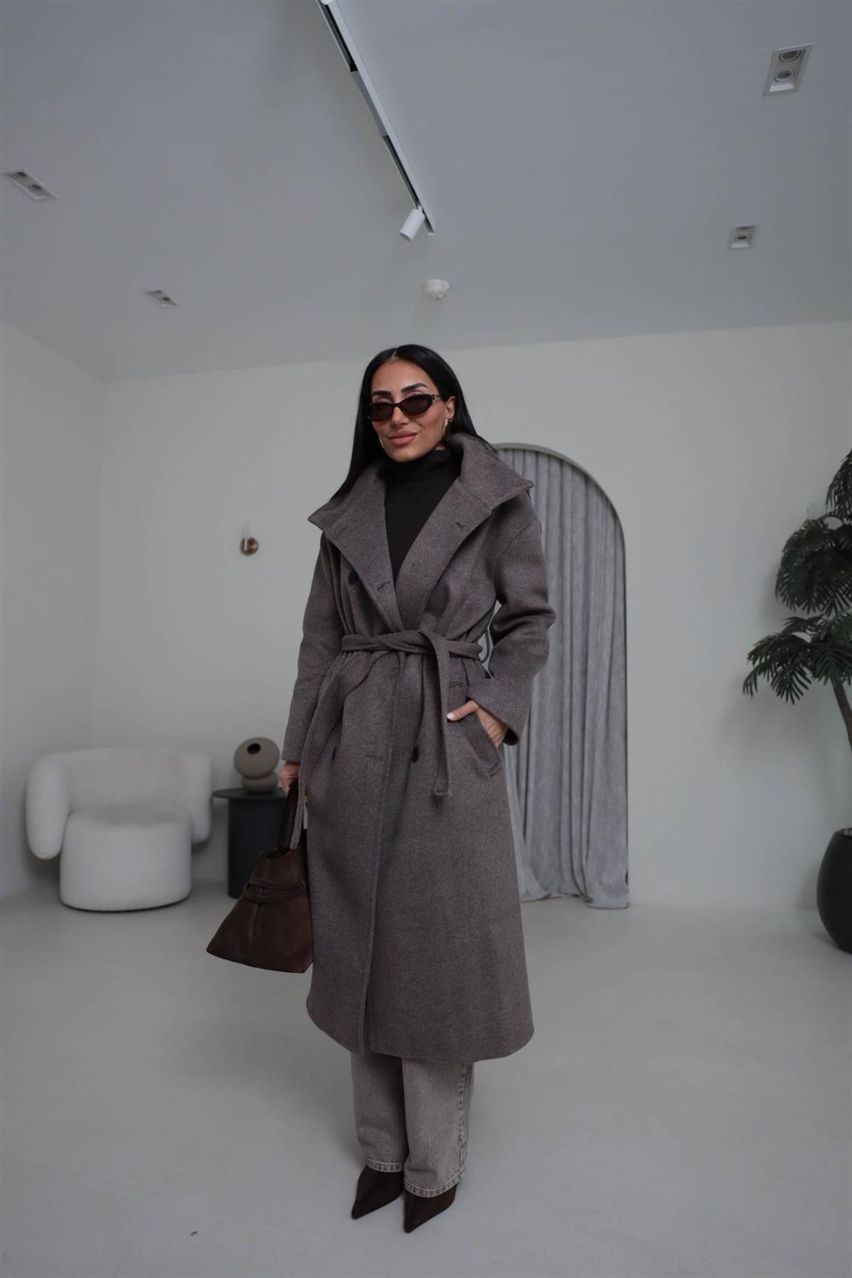 0051 Dik Yaka Yünlü Kaşe Kaban KOYU KAHVE