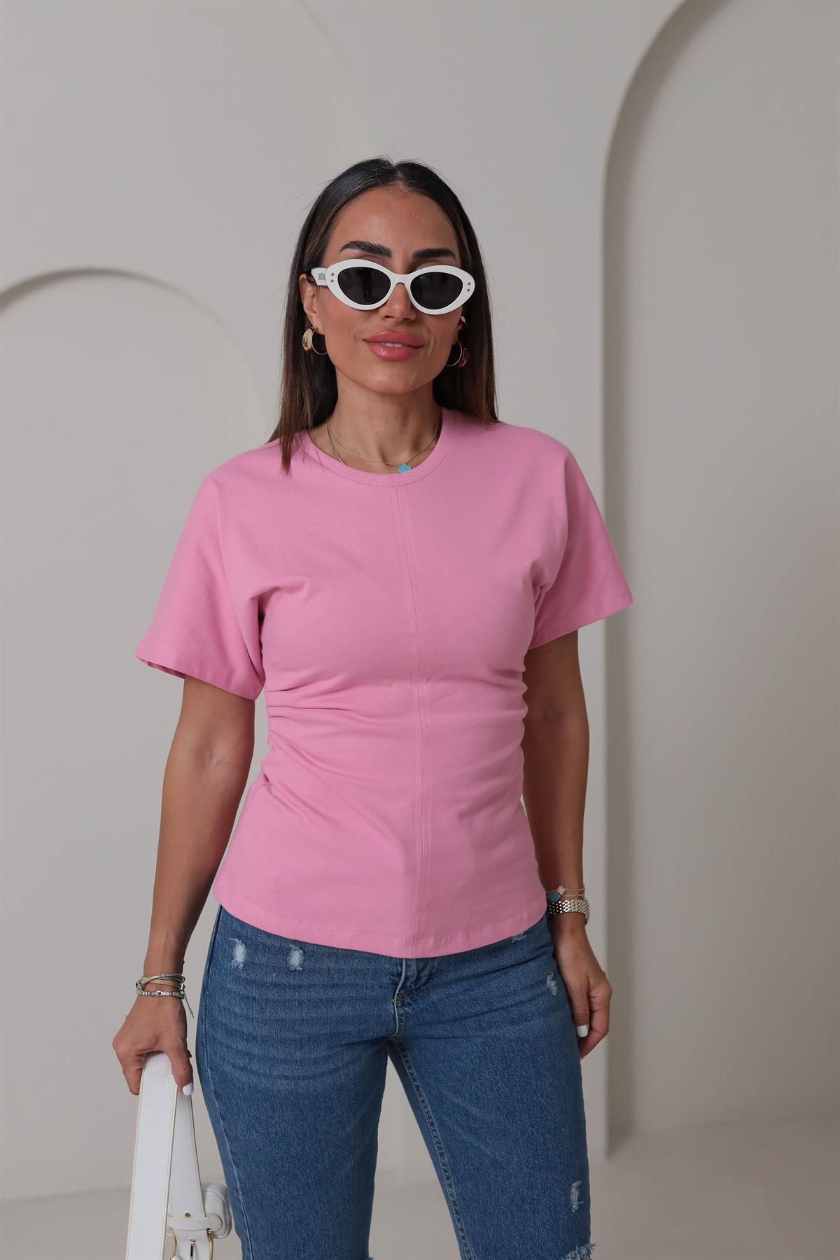 1585 Drape Detay Pamuklu Tshirt PEMBE