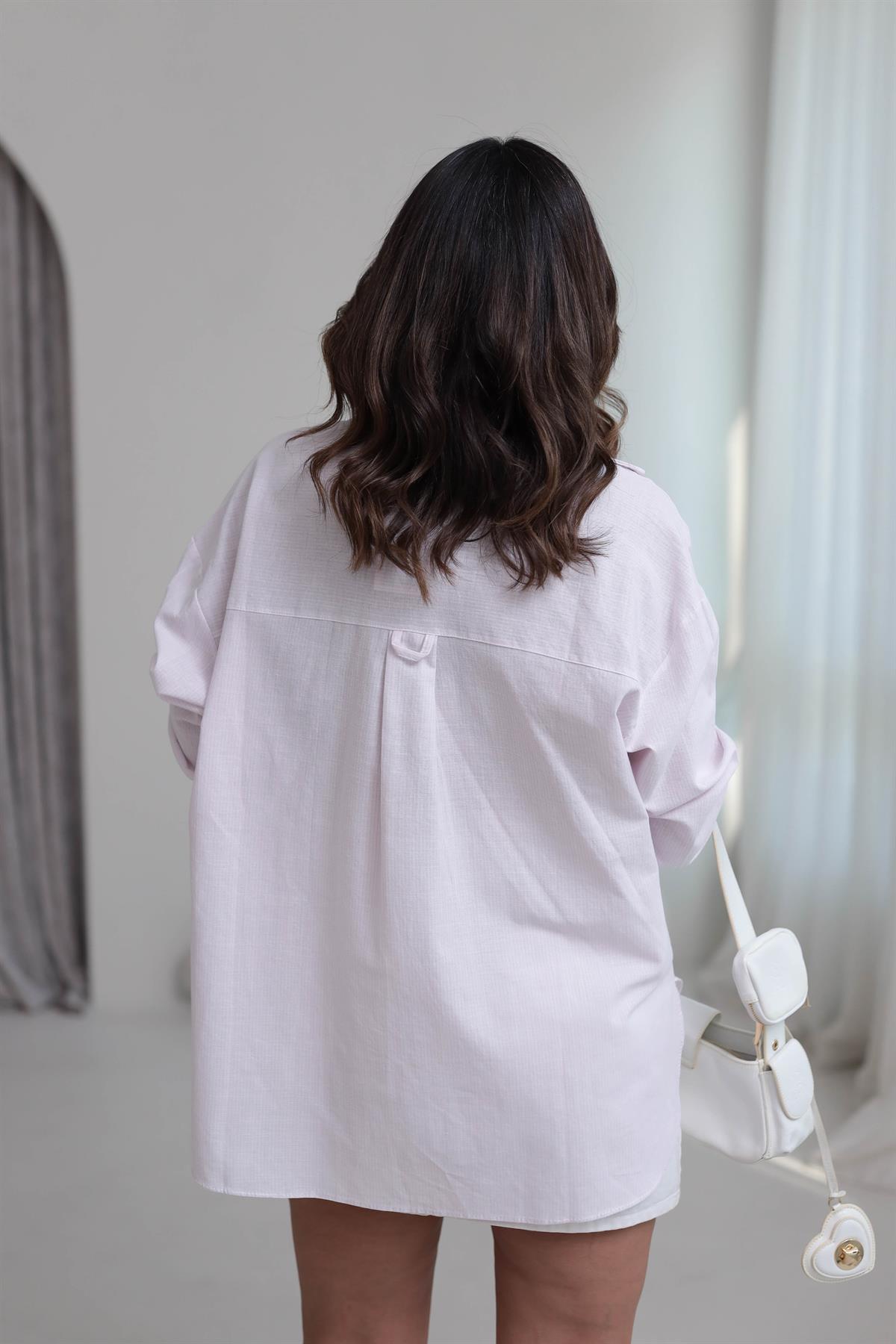 4939 Çizgili Oversize Kol Katlamalı Gömlek PEMBE