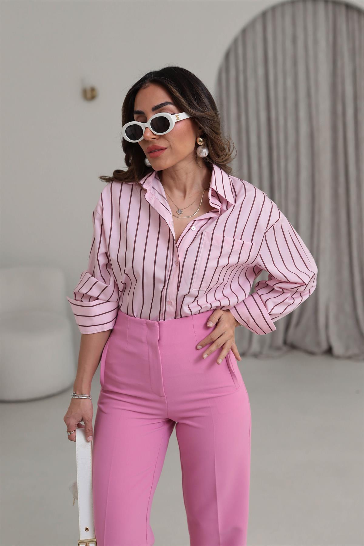 3142 Çizgili Cep Detaylı Poplin Gömlek PEMBE