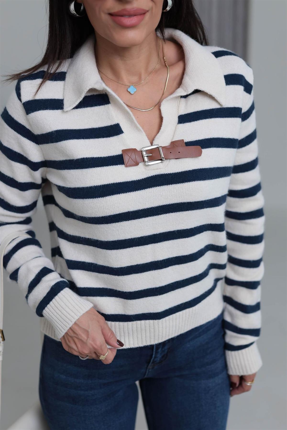 4630 Kemer Detaylı Polo Yaka Triko Bluz LACİVERT