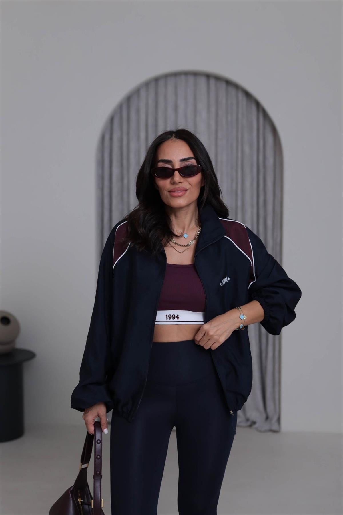 0769 Lastikli Yazı Detaylı  Paraşüt Kumaş Retro Ceket LACİVERT