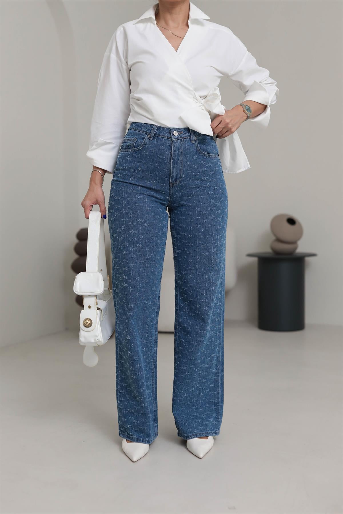 D-786 Eskitme Detaylı Palazzo Jean Pantolon MAVİ