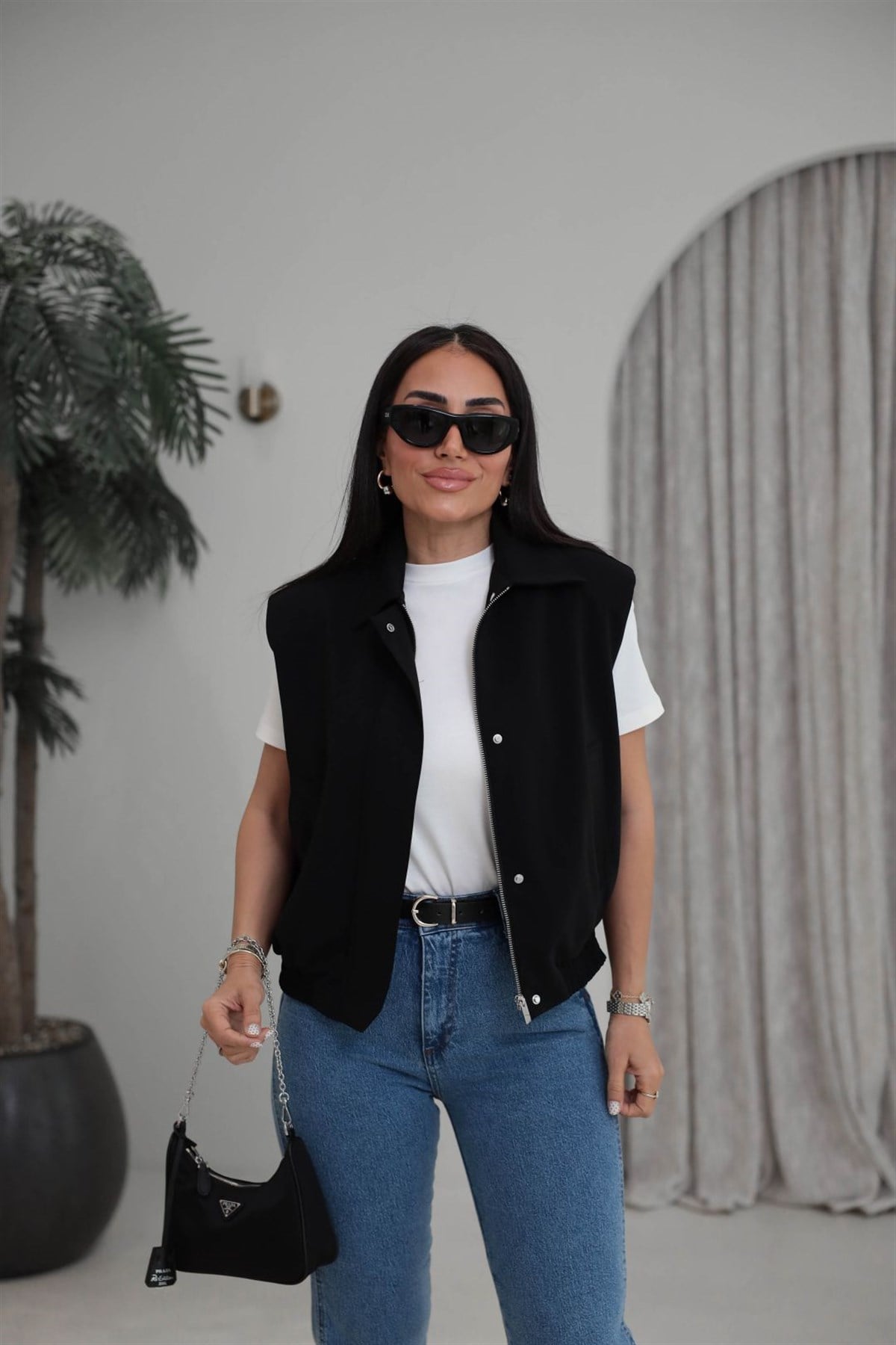 7560 Bel Lastikli Gizli Fermuarlı Modern Kesim Yelek SİYAH