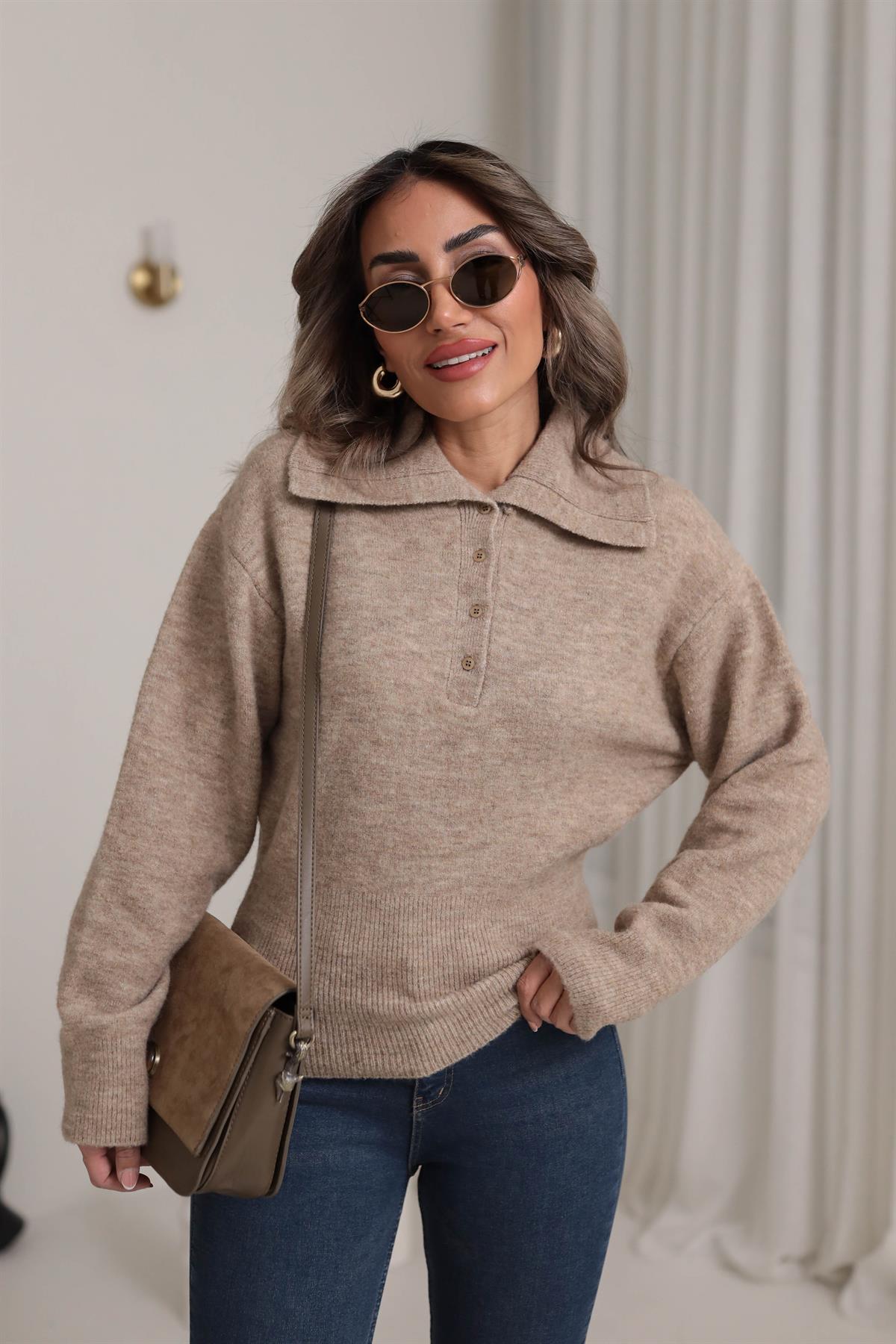 0679 Polo Yaka Yarım Düğmeli Kazak KOYU BEJ