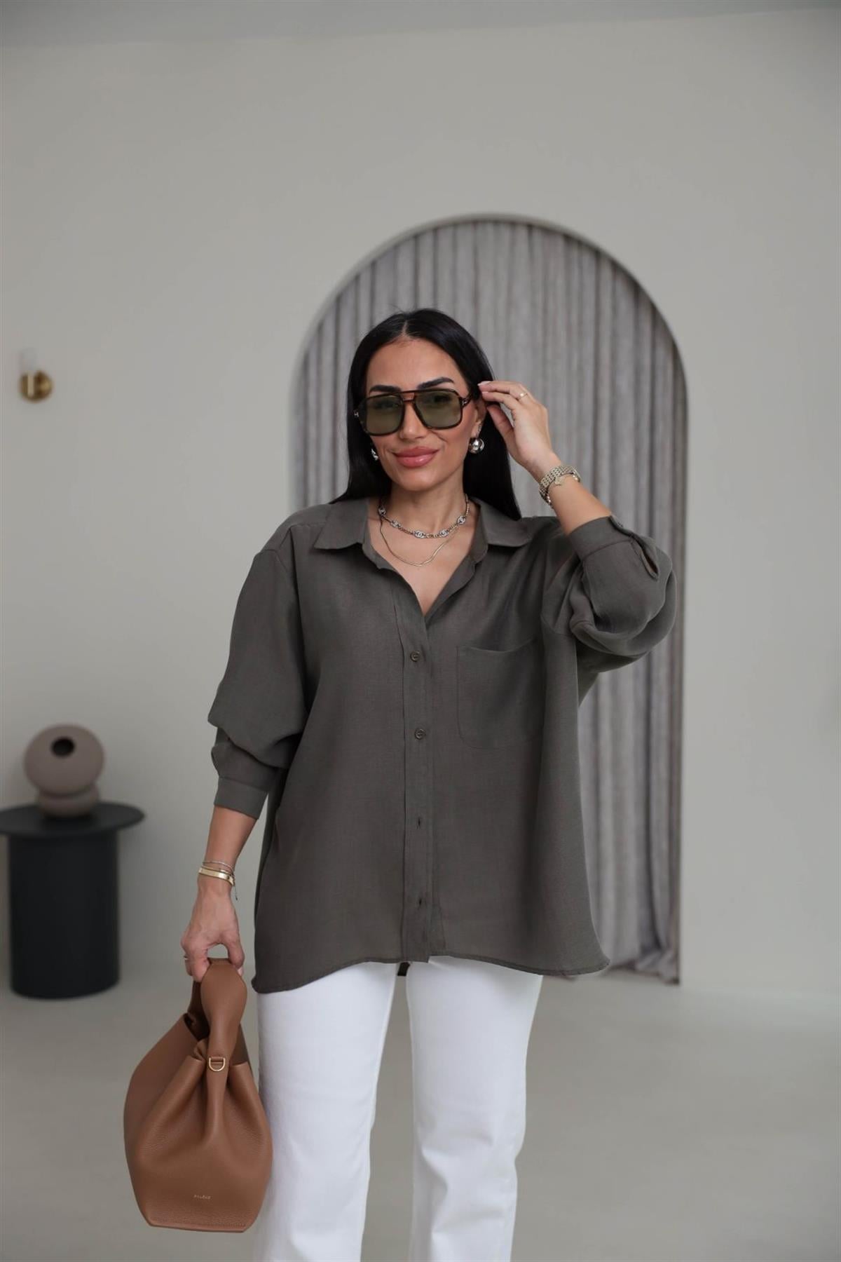 8454 Düşük Omuz Salaş Gömlek HAKİ YEŞİL