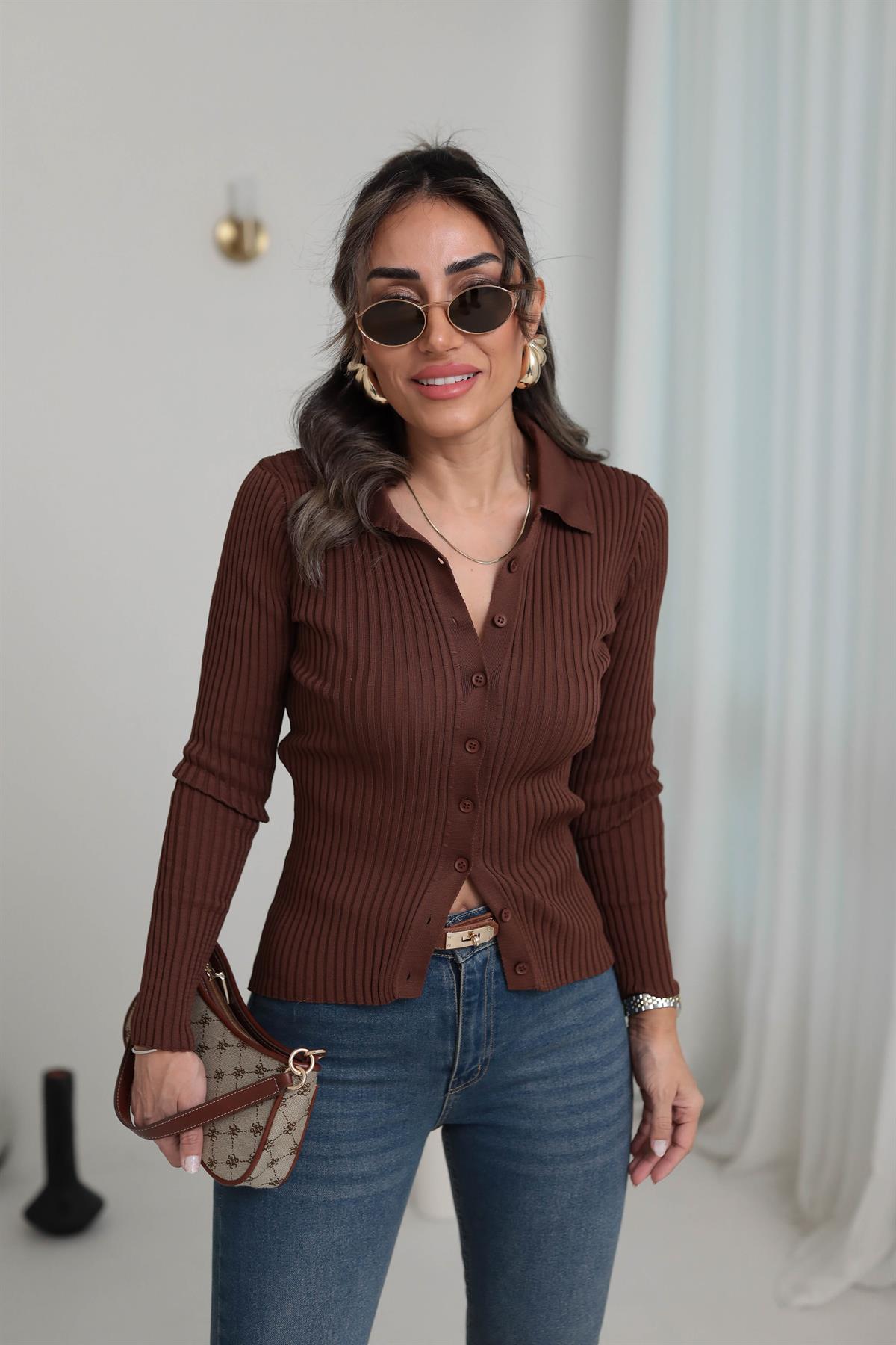 0701 Polo Yaka Fitilli Triko Hırka KAHVE