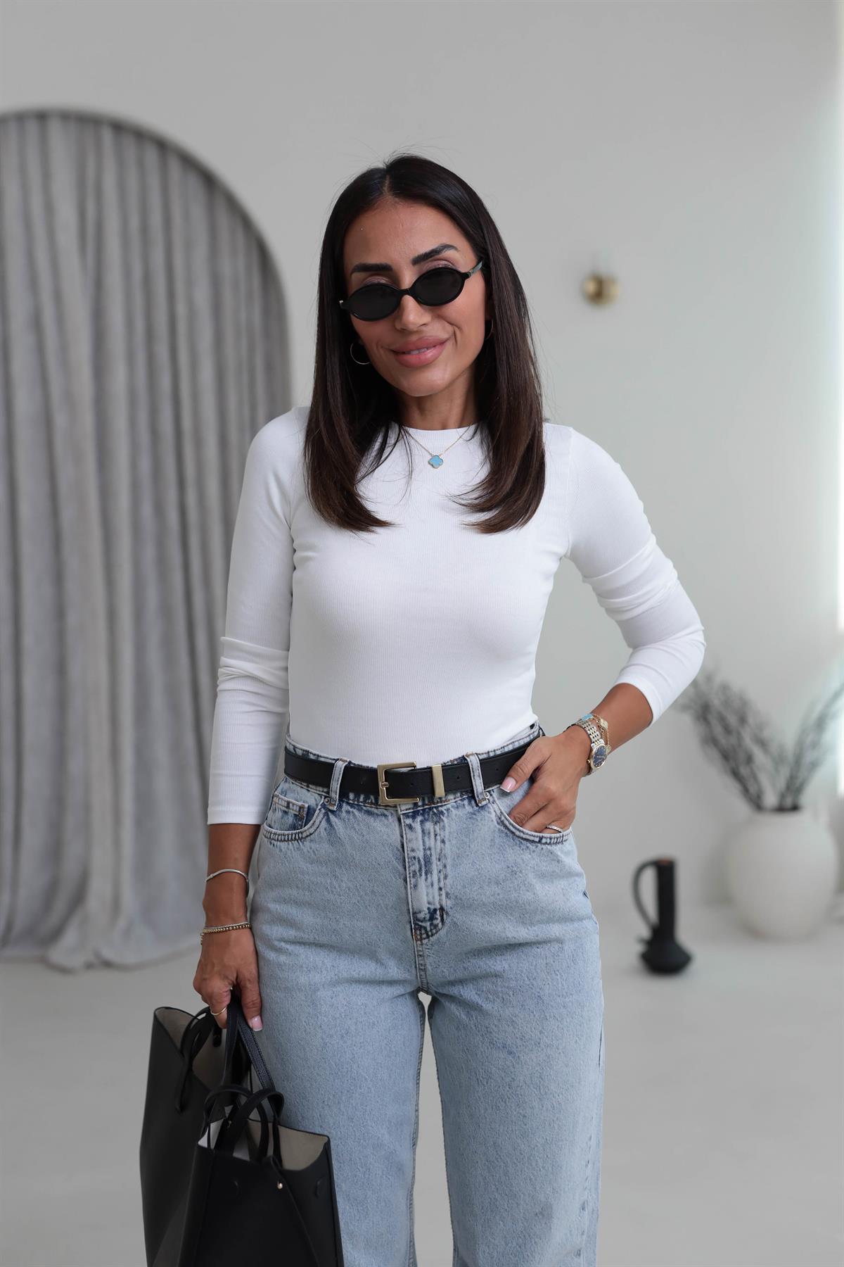 4564 Bisiklet Yaka Basic Pamuklu Bluz EKRU