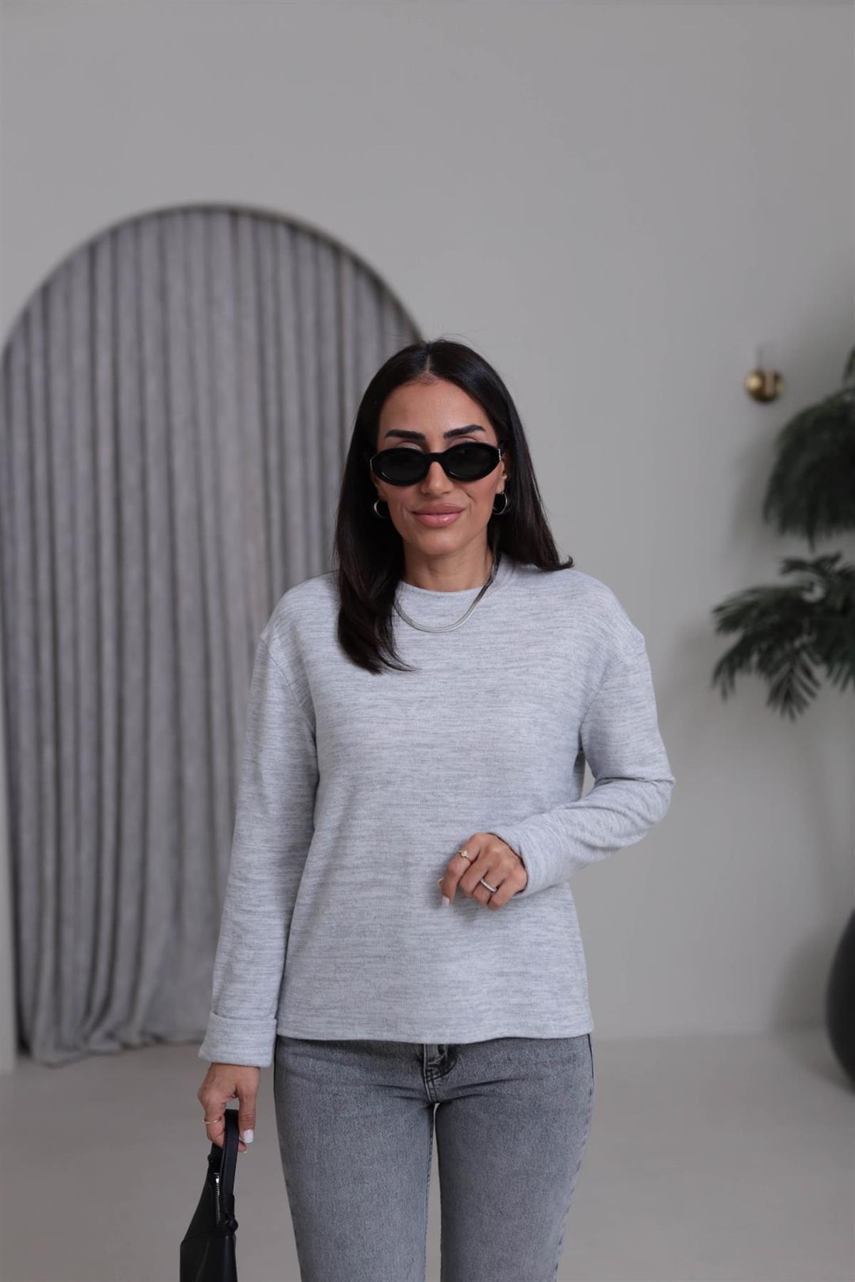 5249 Double Kol Bisiklet Yaka Yumoş Bluz GRİ