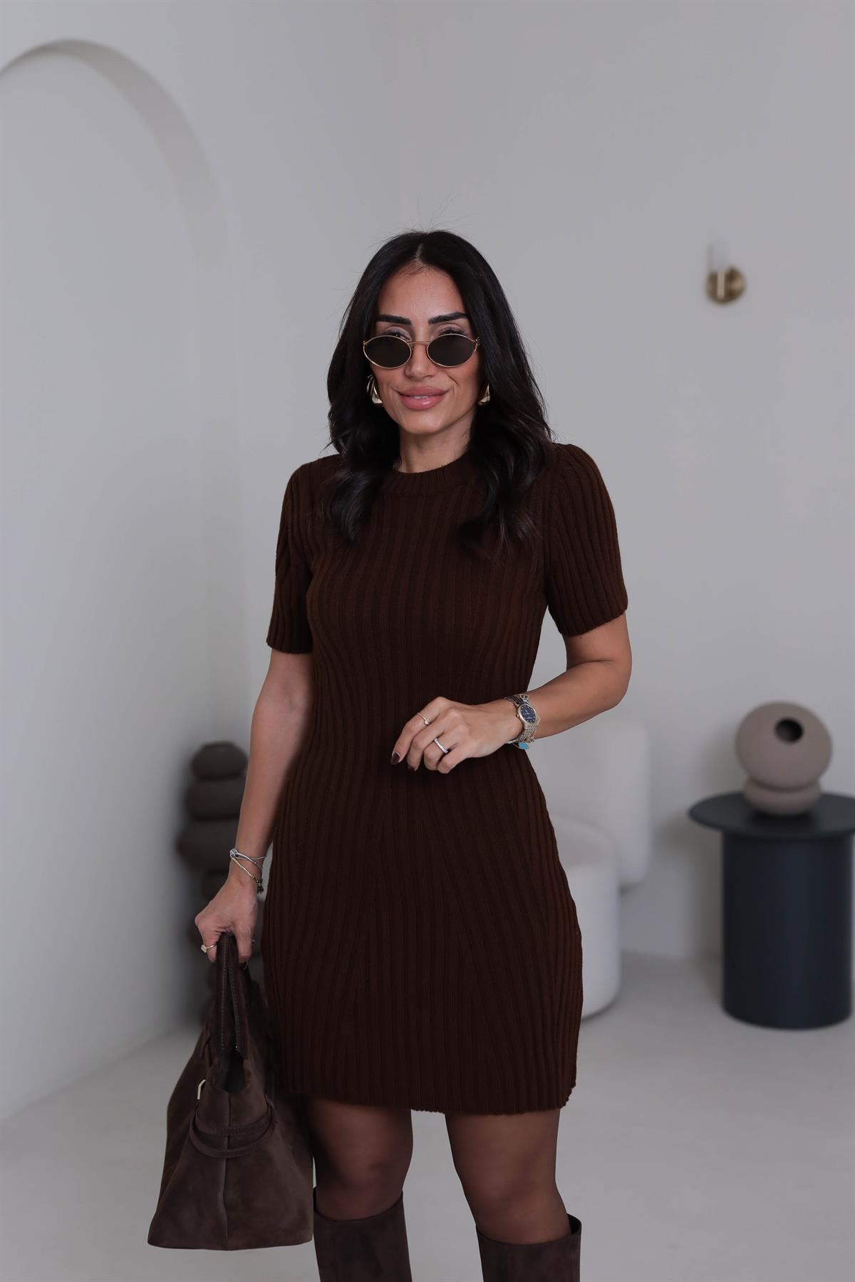 5264 Kısa Kol Triko Elbise KAHVE