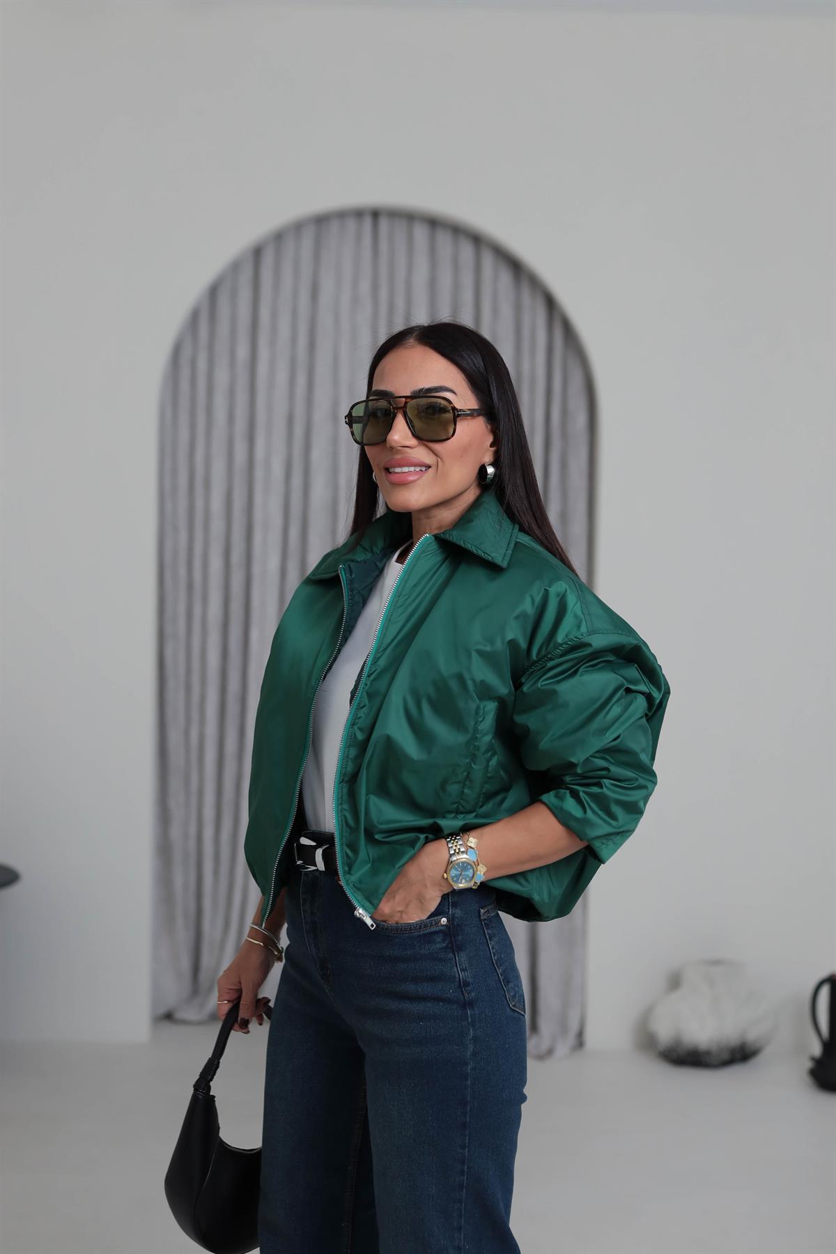 5871 Önden Fermuarlı İçi Kapitone İnce Mont KOYU YEŞİL