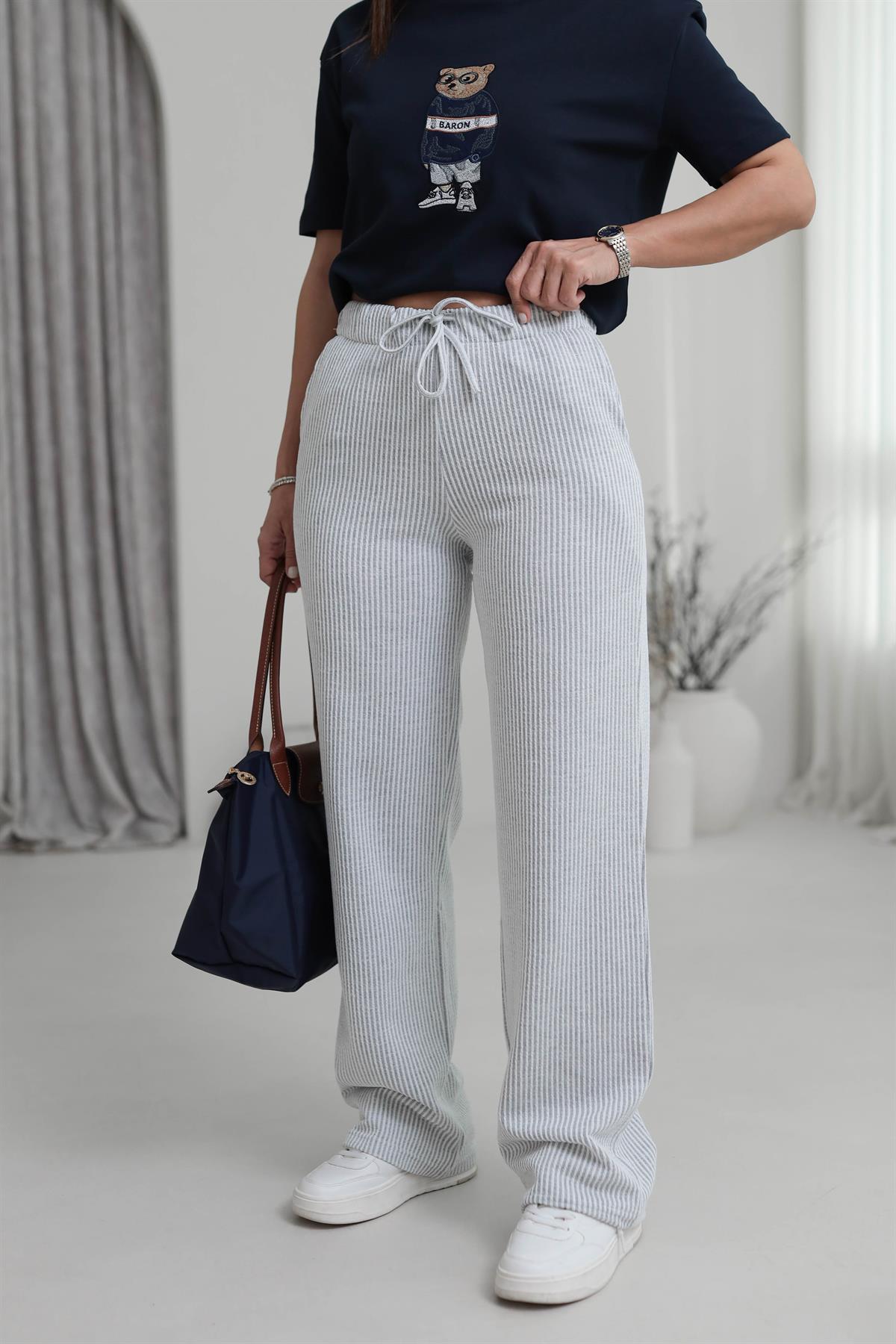 0146 Çizgili Rahat Pantolon GRİ