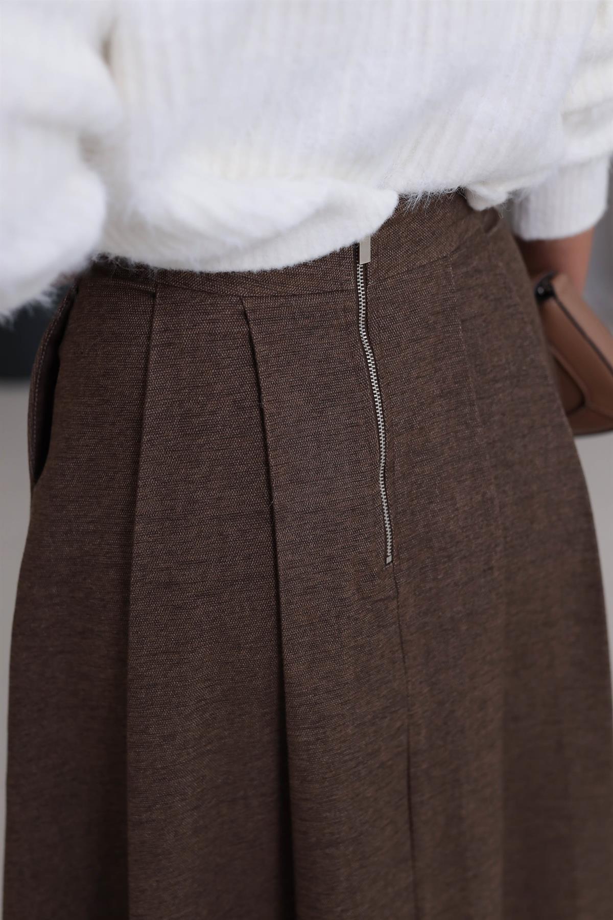 5152 Geniş Pileli Midi Etek KAHVE