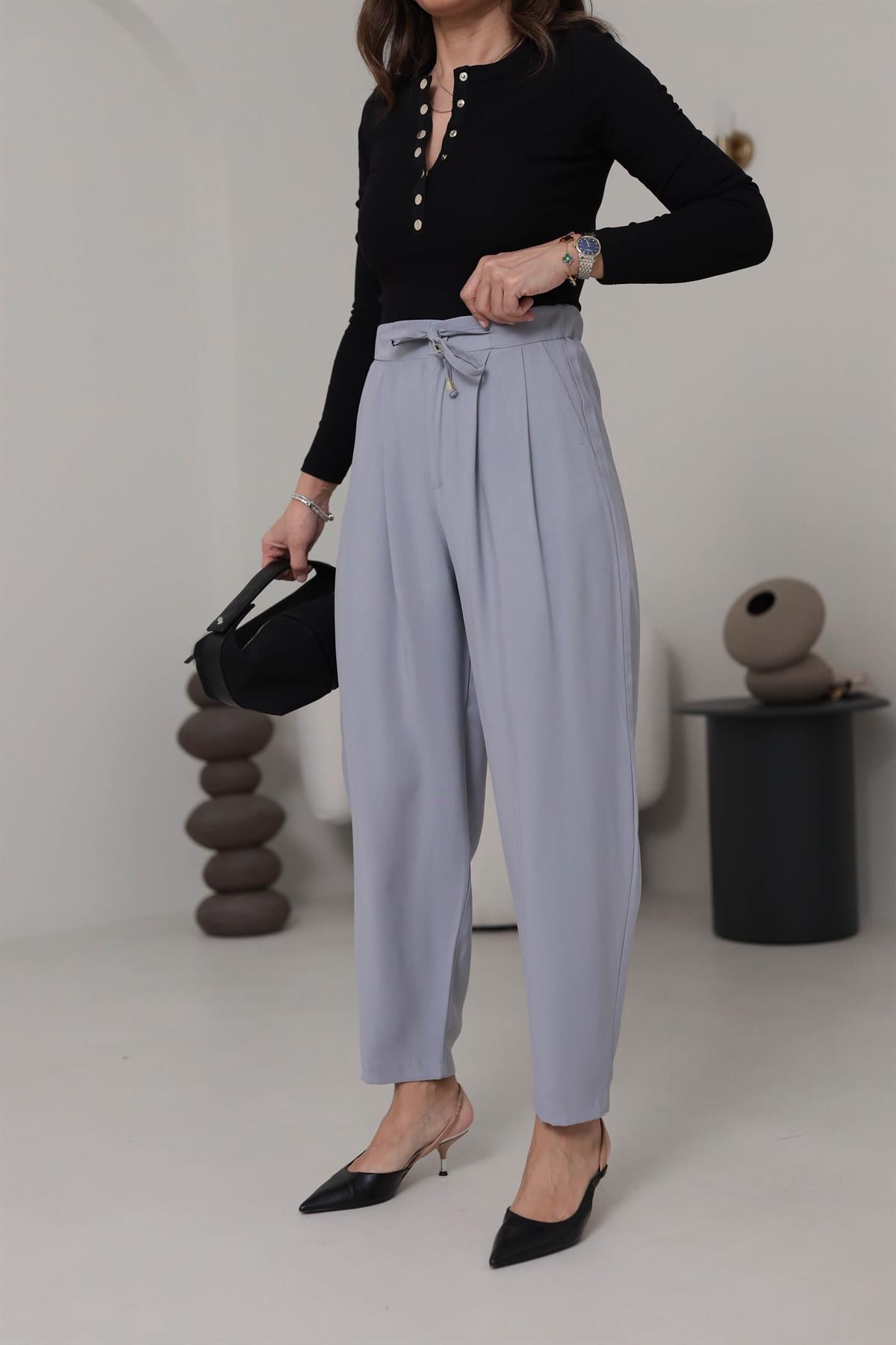 0266 Önden Bağcıklı Tencel Kumaş Havuç Pantalon AÇIK GRİ