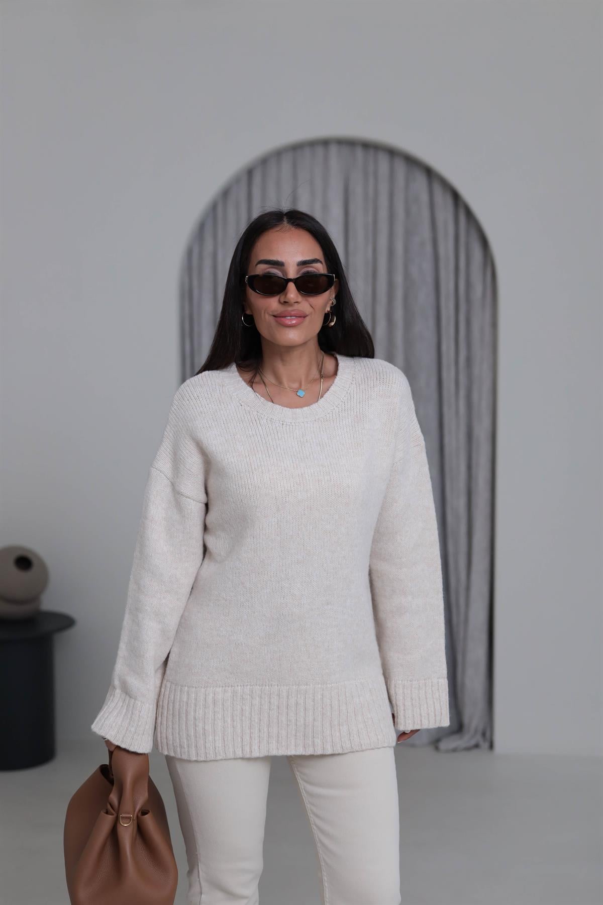 0100 Bisiklet Yaka Oversize Düz Kazak TAŞ