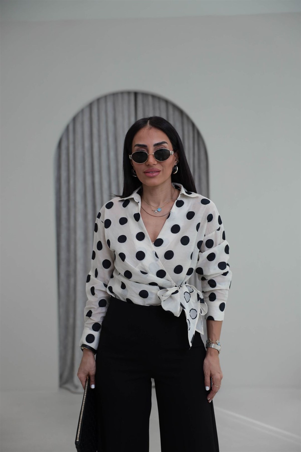 1414 Puantiyeli Bağlamalı Viskon Gömlek BEJ