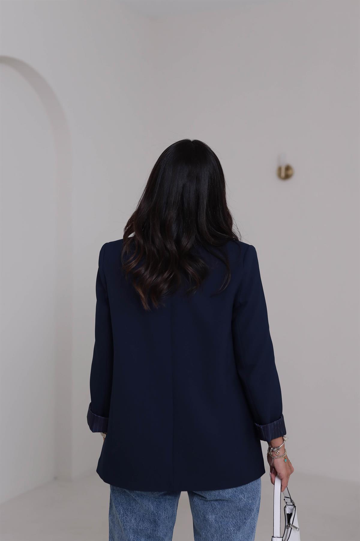 7560 Kol Katlamalı Cep Detaylı Astarlı Ceket LACİVERT