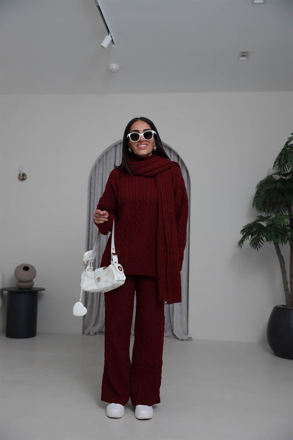 2464 Şal Detaylı Üçlü Triko Takım BORDO