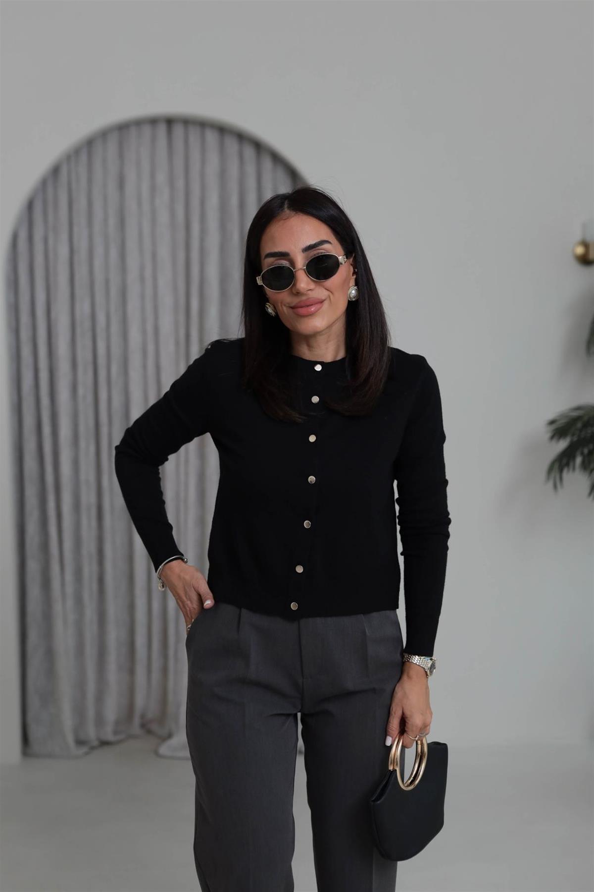 587 Gold Düğme Detaylı İnce Triko Hırka SİYAH
