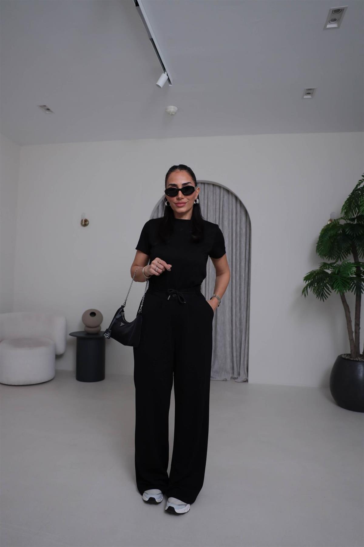 8009 Bel Lastikli İp Kemerli Oys Modal Pantolon SİYAH