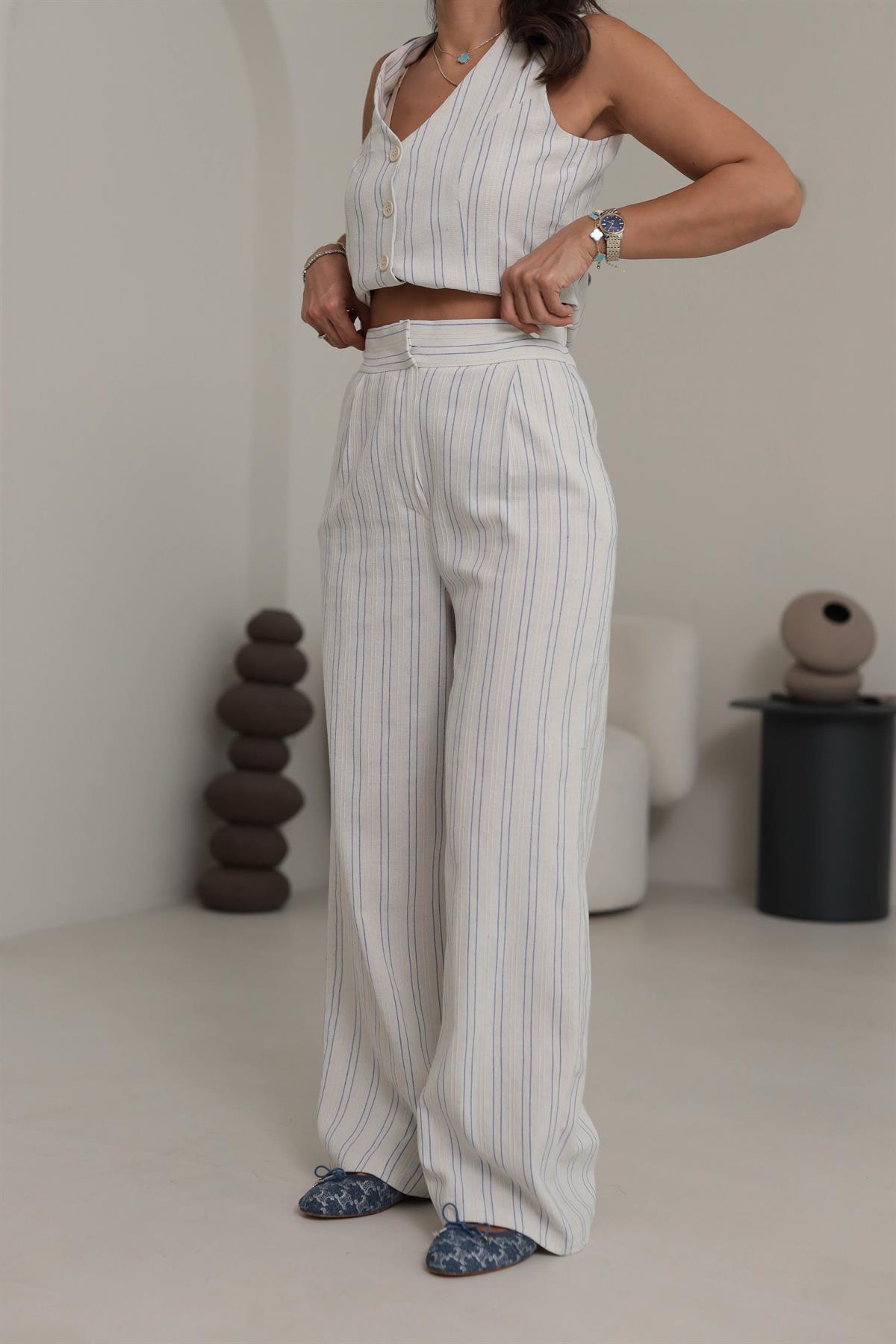 6159 Keten Kumaş Çizgili Yelek Takım EKRU