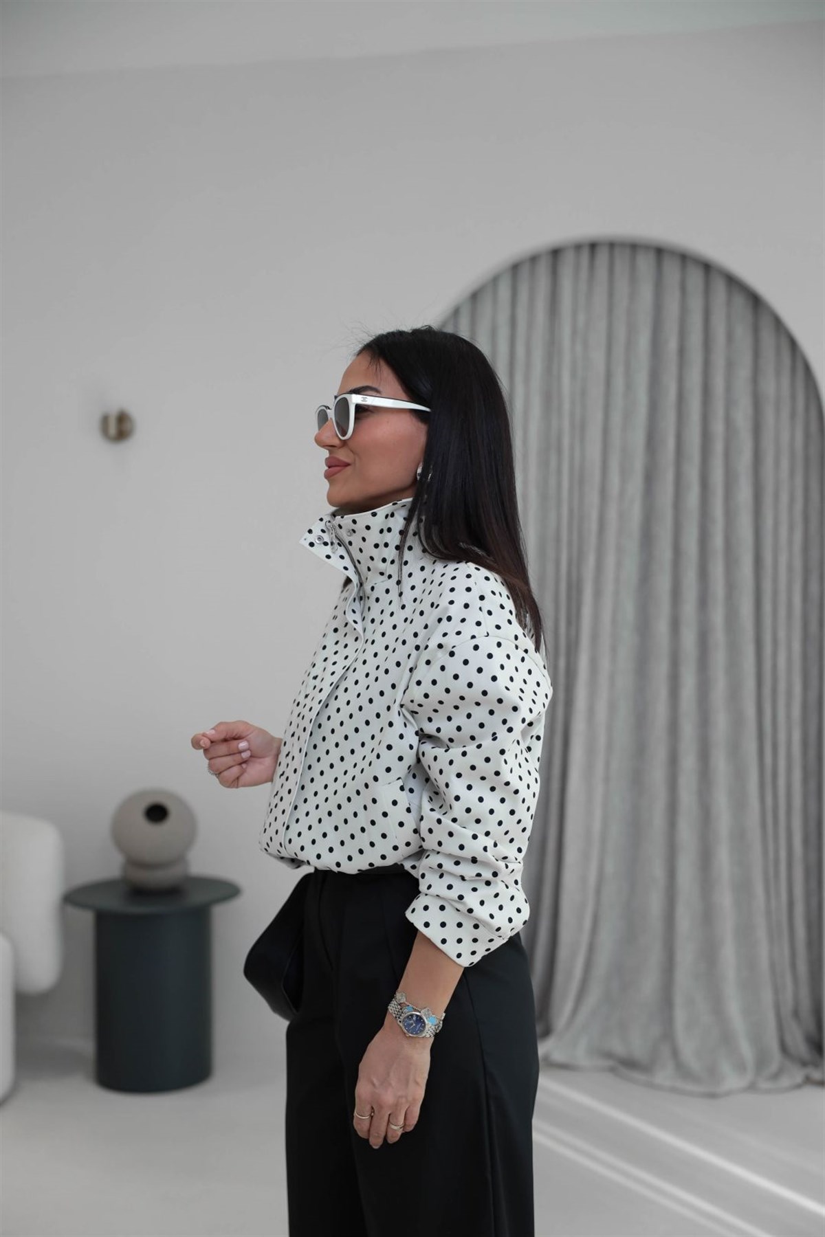 1381 Puantiye Esnek Kumaş Dik Yaka Bomber Ceket KREM