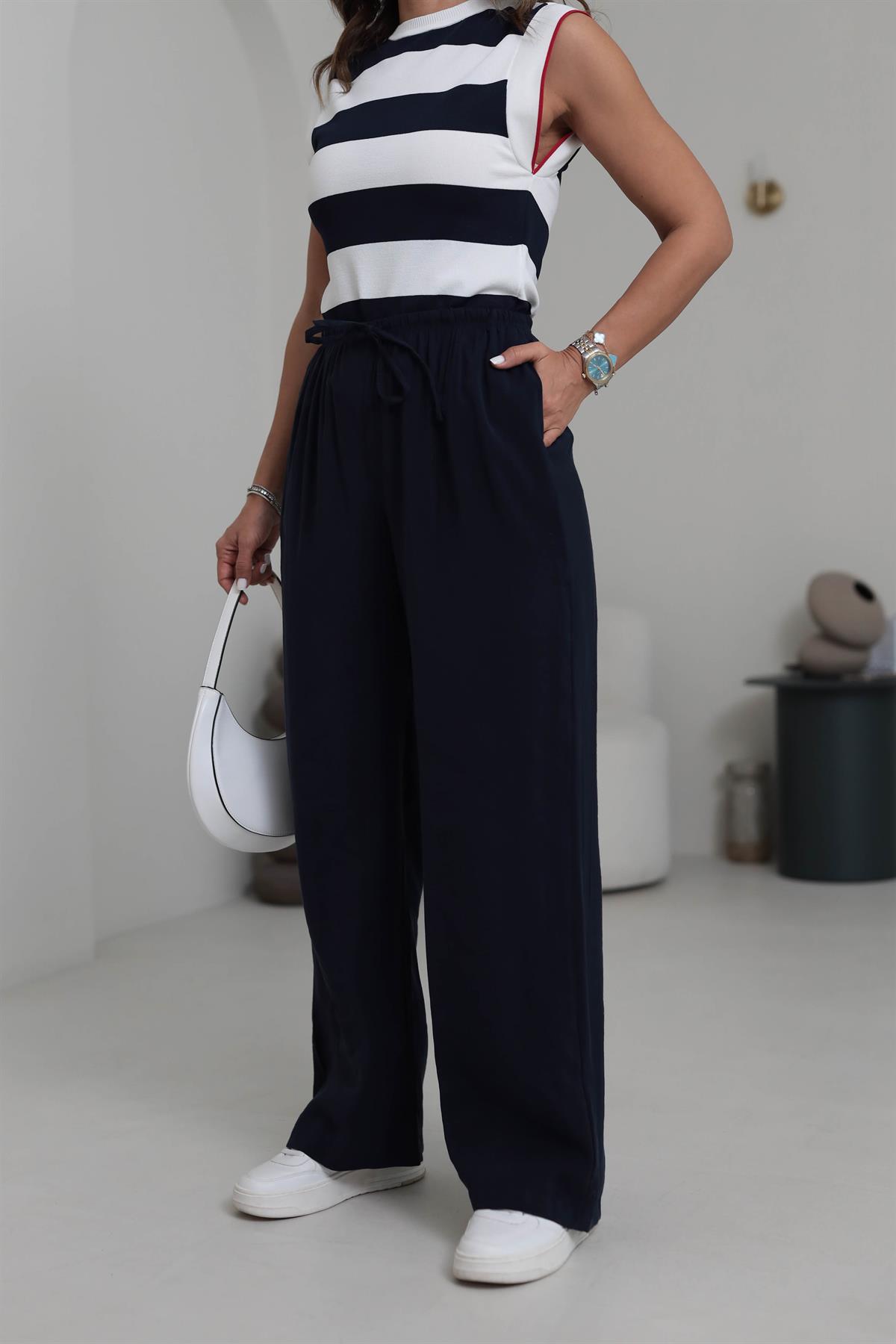 8002 Beli Lastikli Bağcıklı Tencel Pantolon LACİVERT