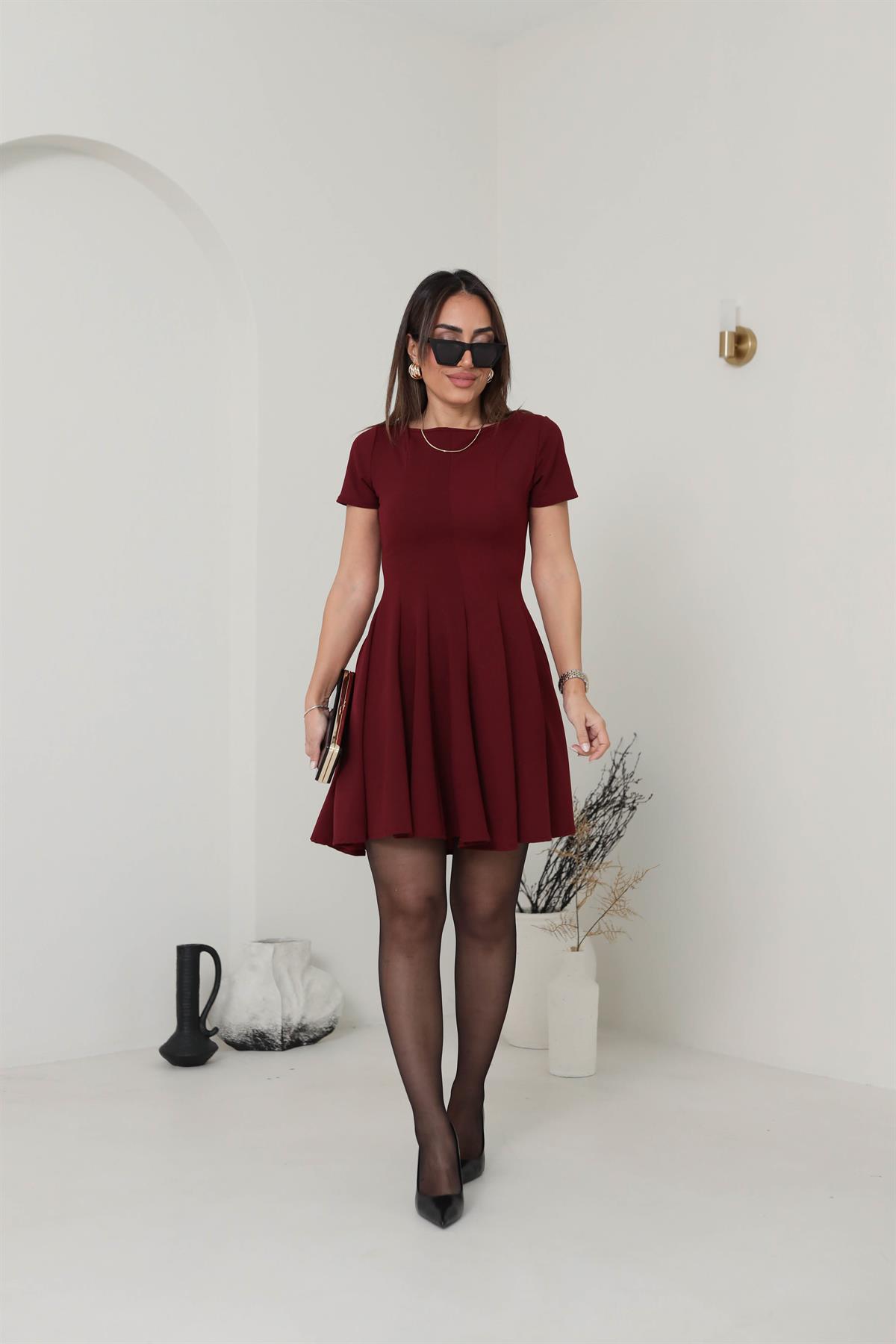 3680 Likralı Kısa Kol Kloş Elbise BORDO