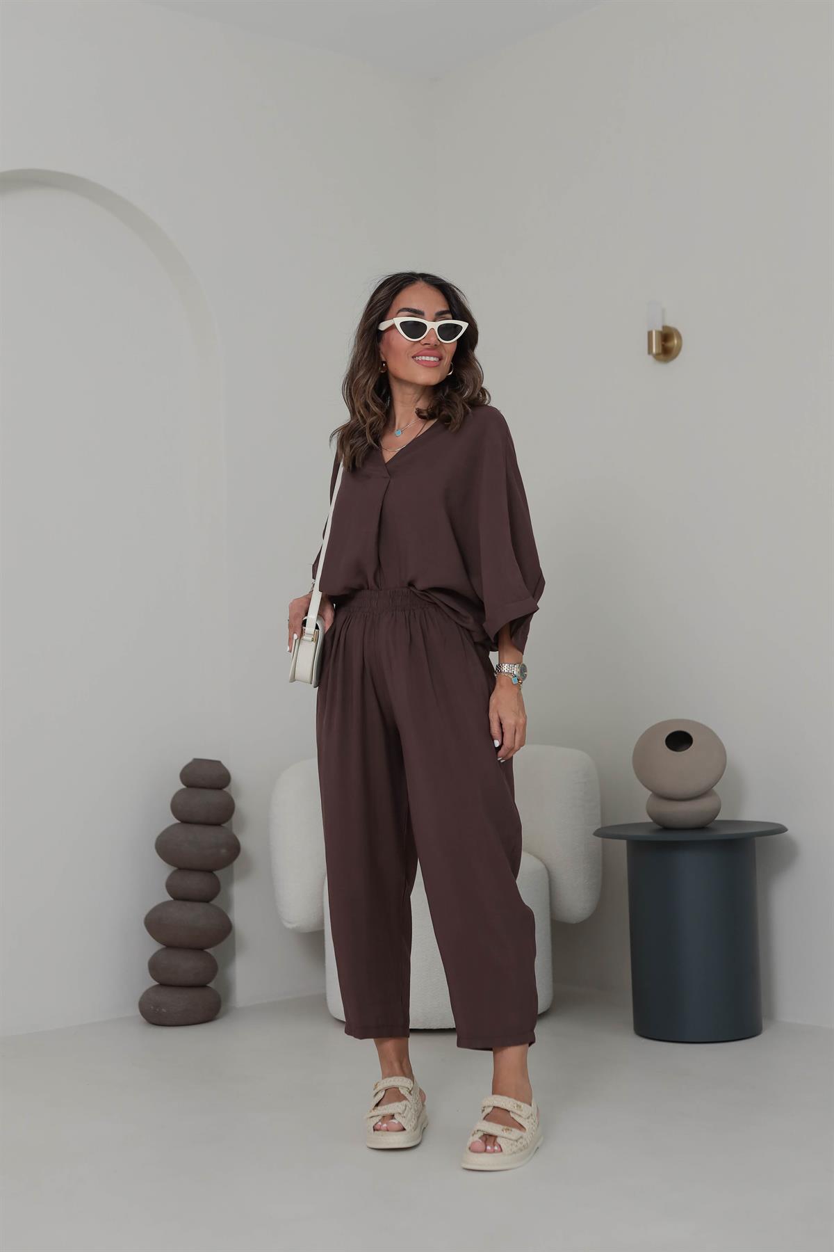 3077 Düşük Kol Tencel Kumaş Takım KAHVE