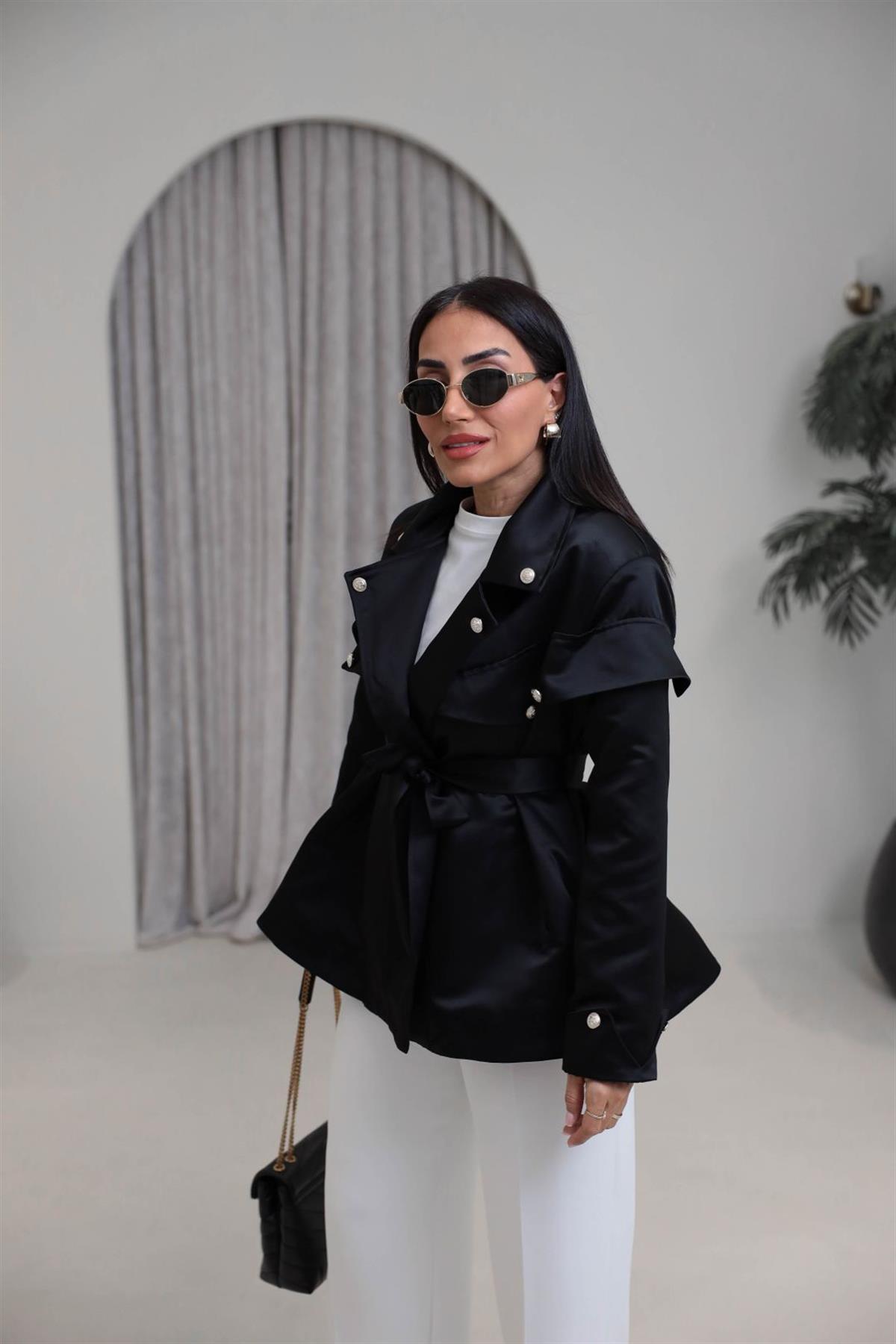 302 Gold Düğmeli Kuşaklı Saten Ceket SİYAH