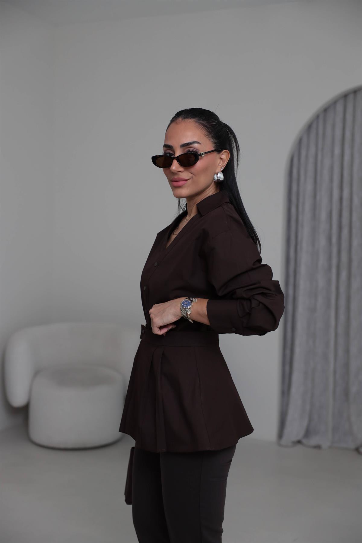 7066 Tasarım Poplin İkili Gömlek Takım ACI KAHVE