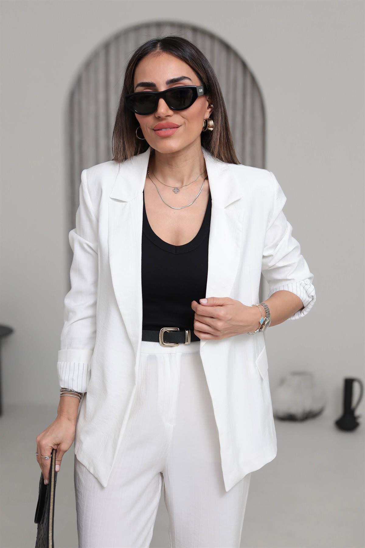 50178 Aeronbin Kol Katlamalı Çizgili Blazer Ceket EKRU