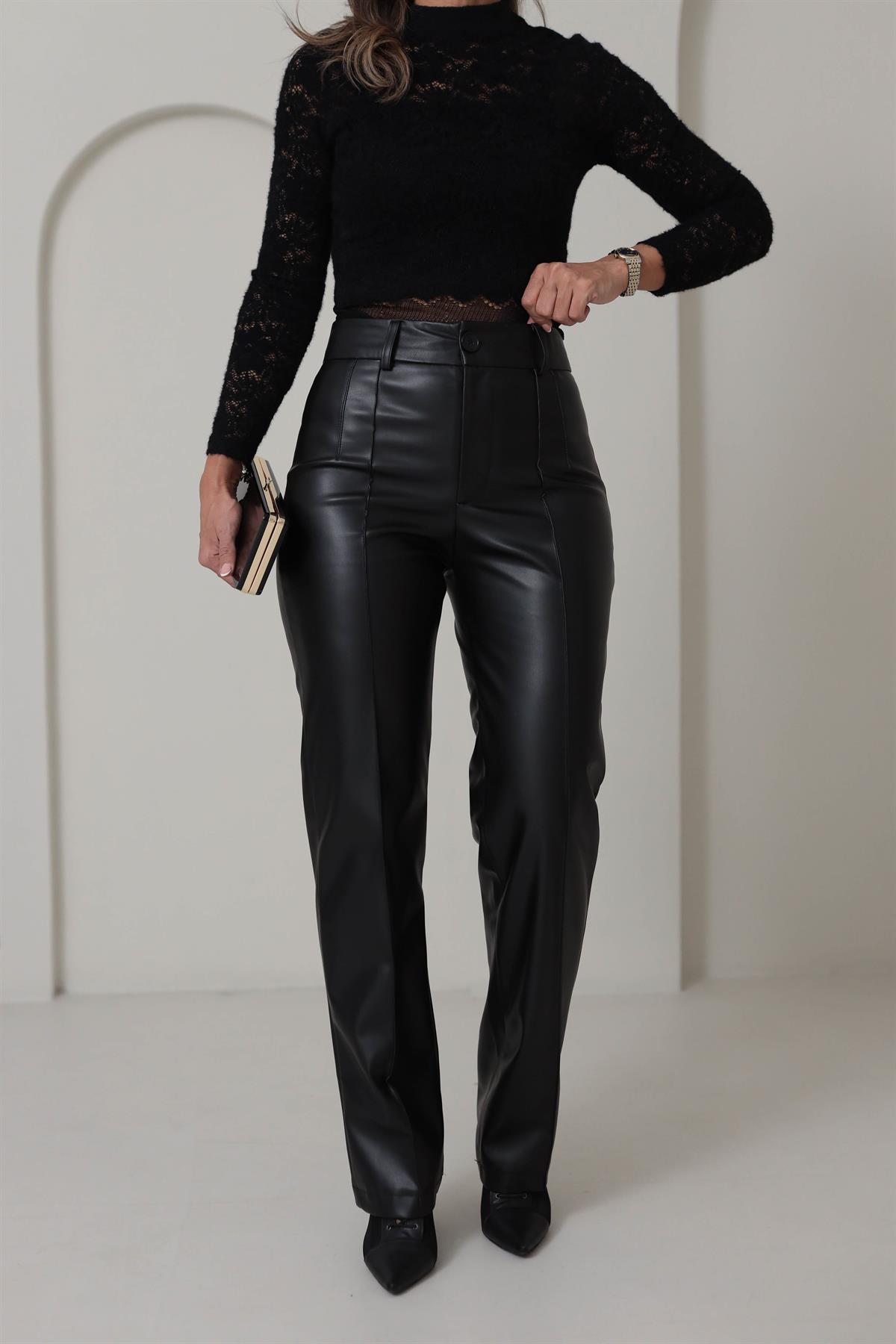 5076X Çimalı Deri Pantolon SİYAH