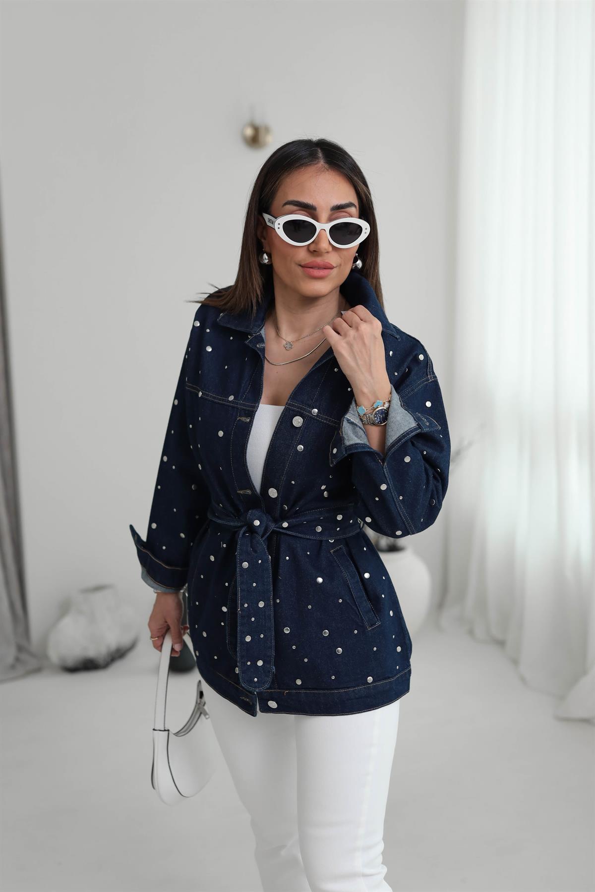 5808 Bel Kuşaklı Droplu Jean Ceket KOYU LACİ