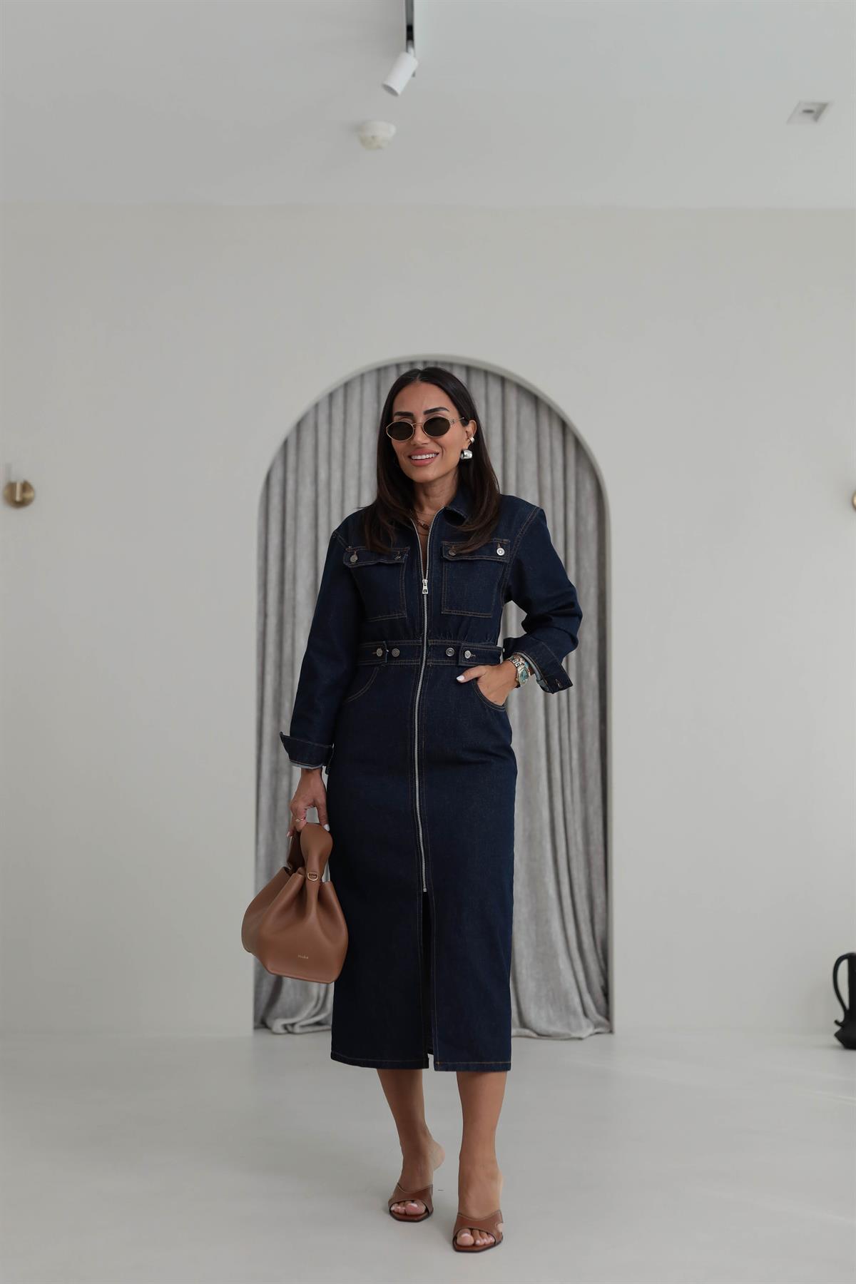 9279 Bel Gipeli Cep Detaylı Fermuarlı Jean Elbise LACİVERT