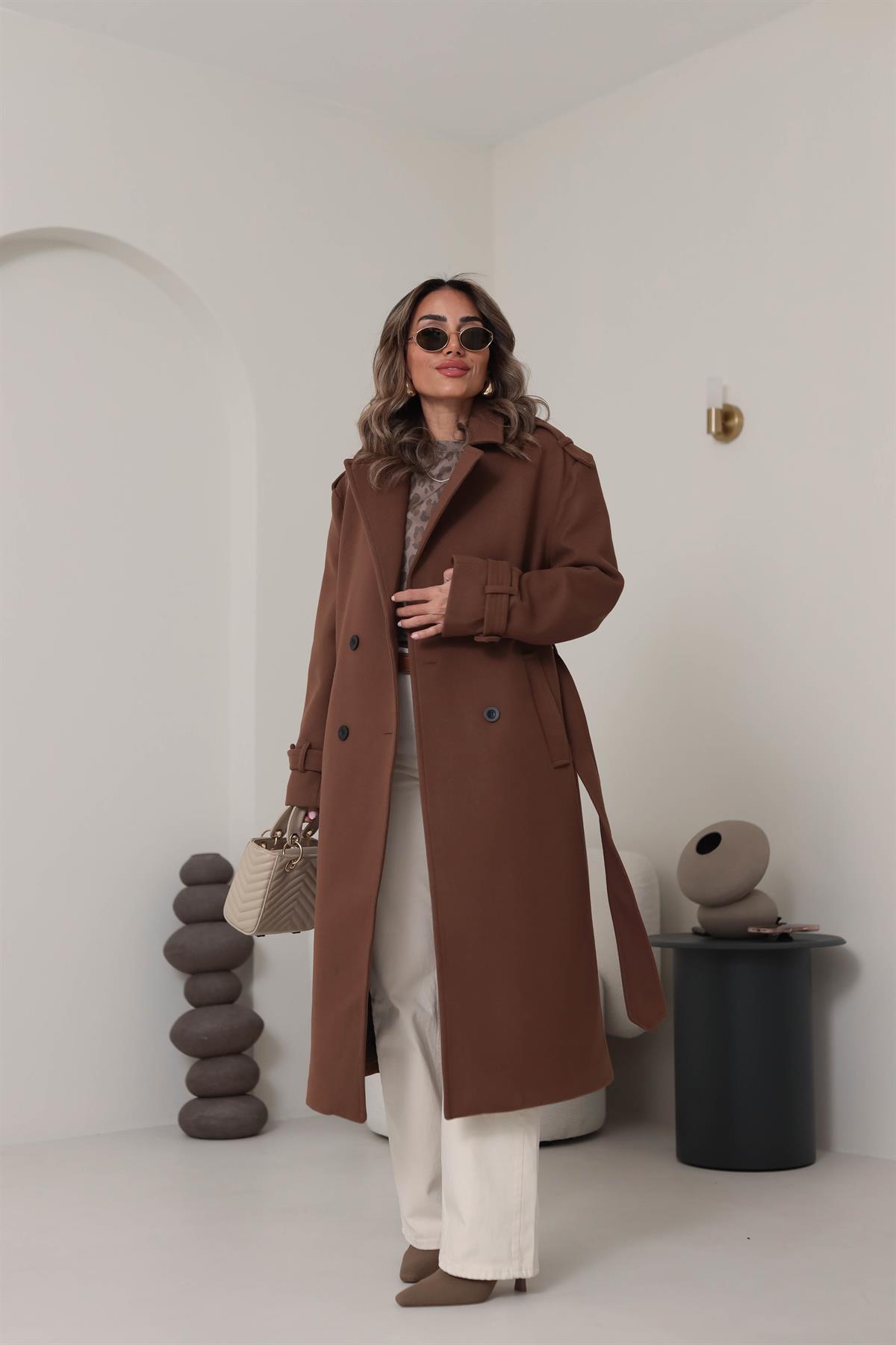 9377 Düğmeli Apoletli Kaşe Kaban KAHVE